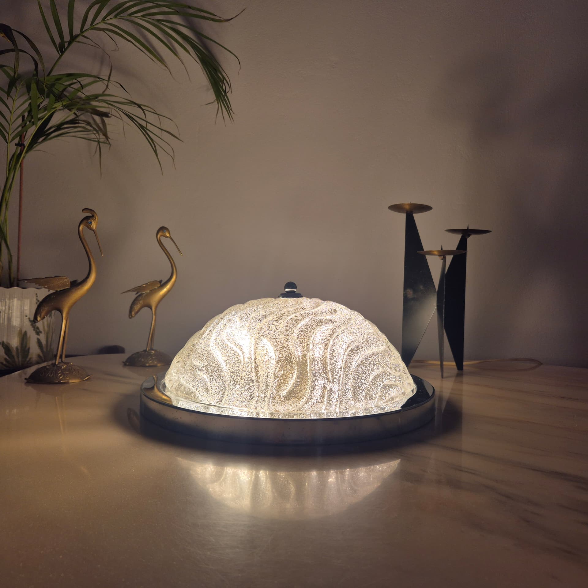 Flush mount, white transparent glass, silver chrome, Germany, 1970s. - 300064