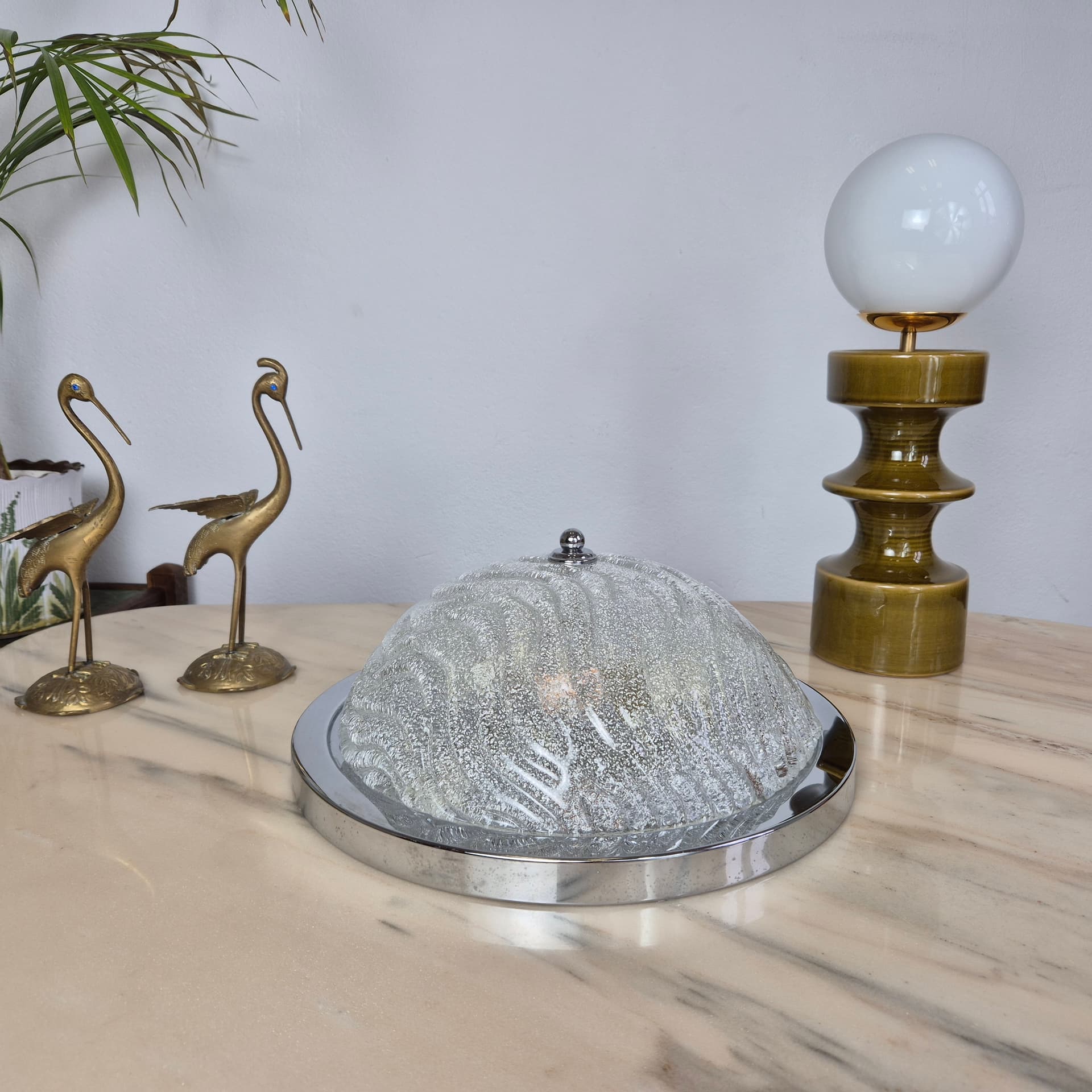 Flush mount, white transparent glass, silver chrome, Germany, 1970s. - 300060