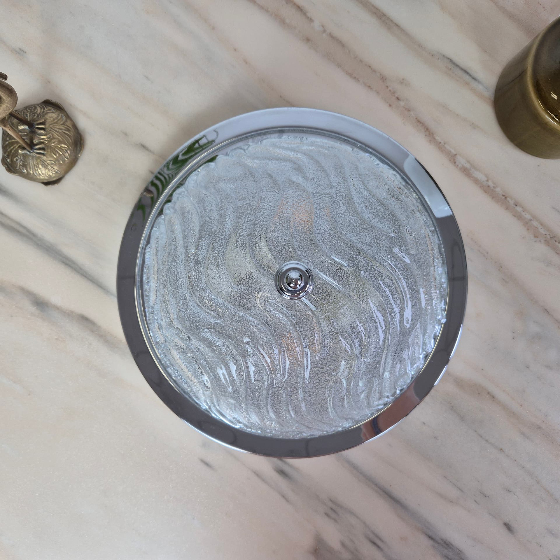 Flush mount, white transparent glass, silver chrome, Germany, 1970s. - 300062