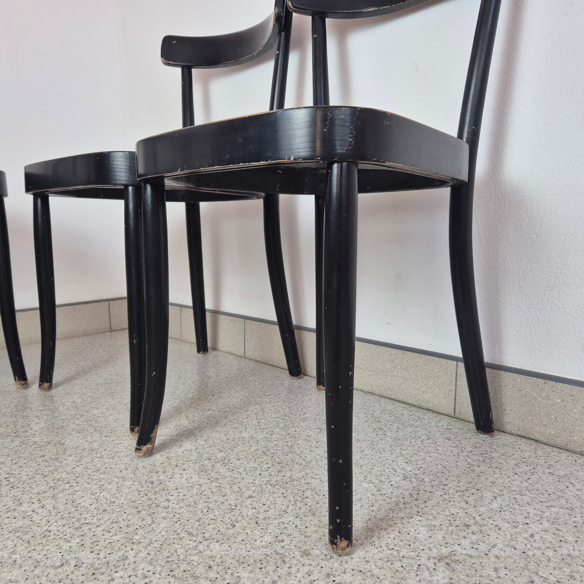 Set of chairs, black wood, brown rattan, by M. Moser, Horgenglarus, Switzerland, 1940s. - 300072