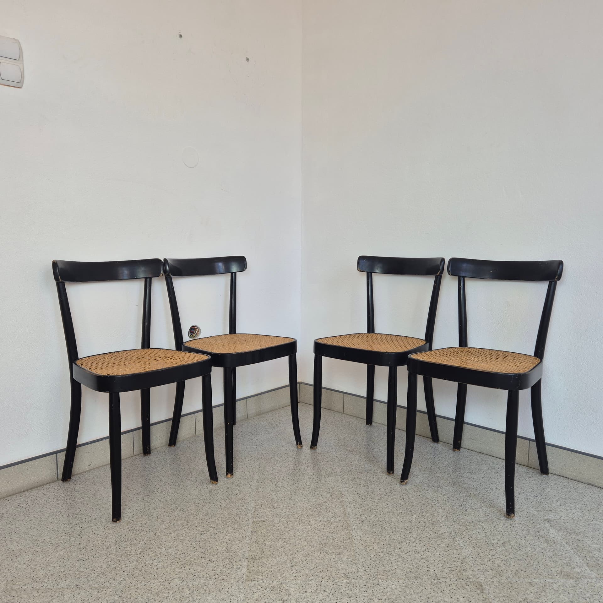 Set of chairs, black wood, brown rattan, by M. Moser, Horgenglarus, Switzerland, 1940s. - 300069