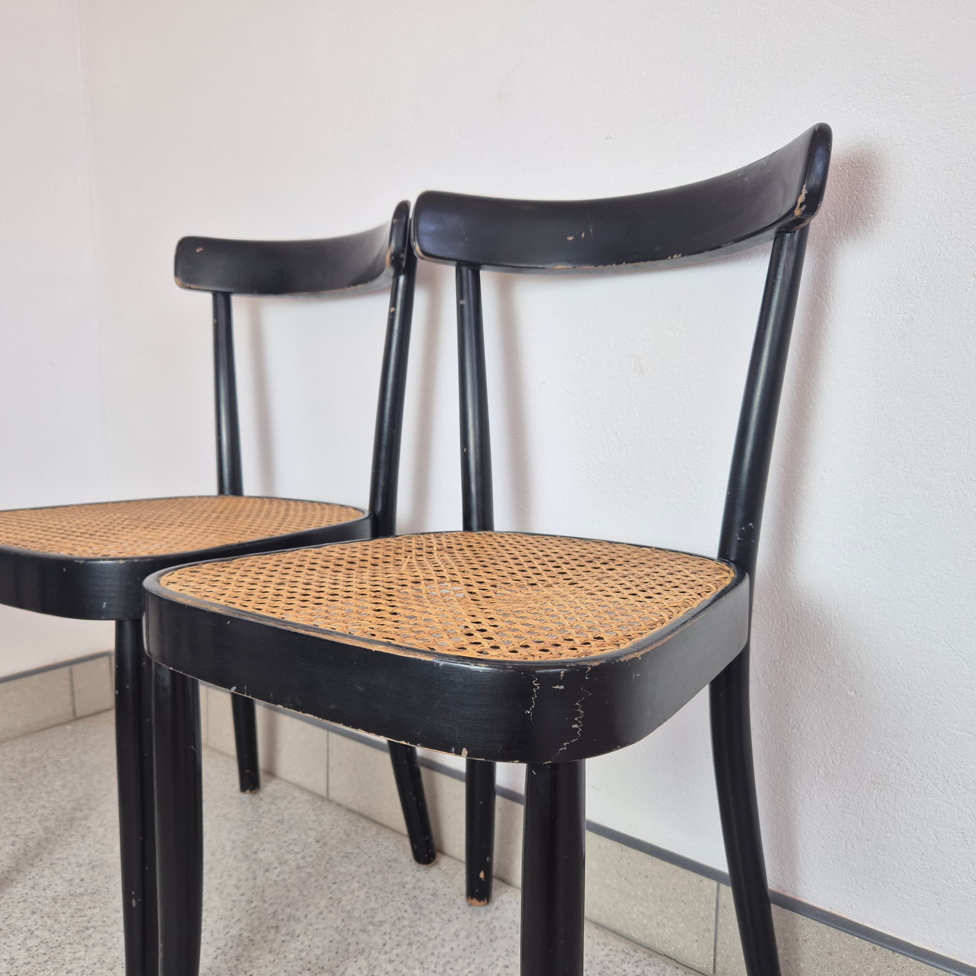 Set of chairs, black wood, brown rattan, by M. Moser, Horgenglarus, Switzerland, 1940s. - 300068