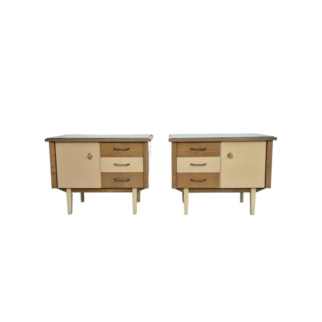 Pair of nightstands, brown wood, glass, cream beige, Germany, 1960s. - DIMENSION