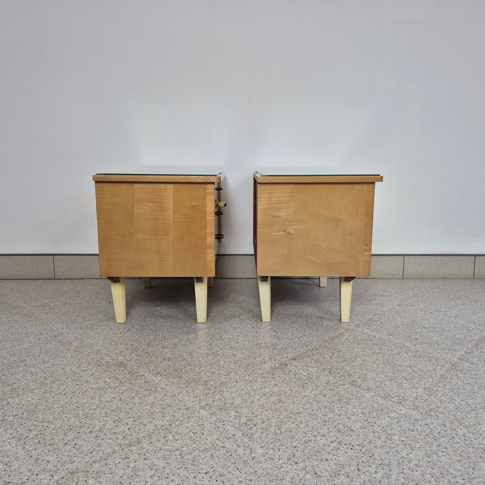 Pair of nightstands, brown wood, glass, cream beige, Germany, 1960s. - 300081