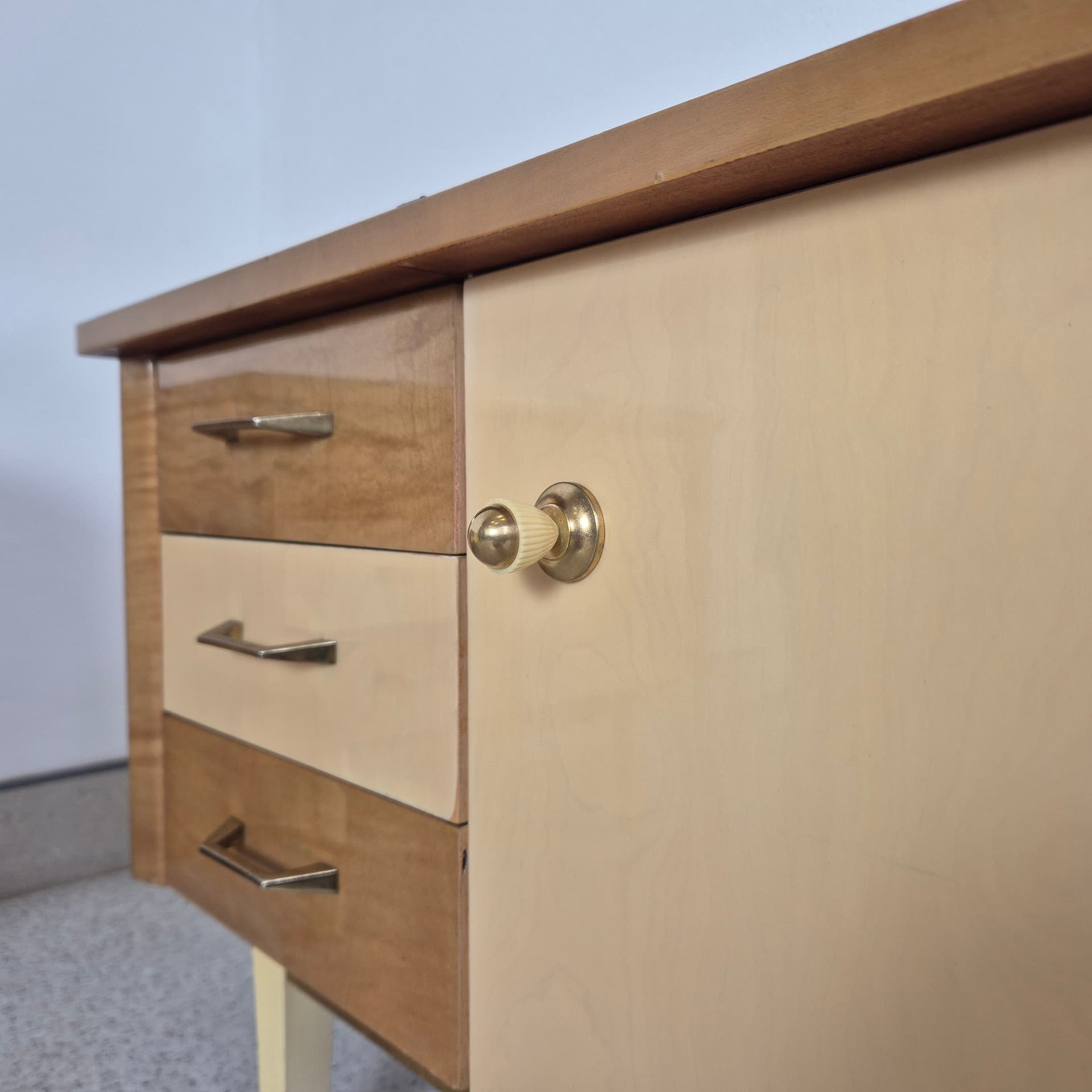Pair of nightstands, brown wood, glass, cream beige, Germany, 1960s. - 300085