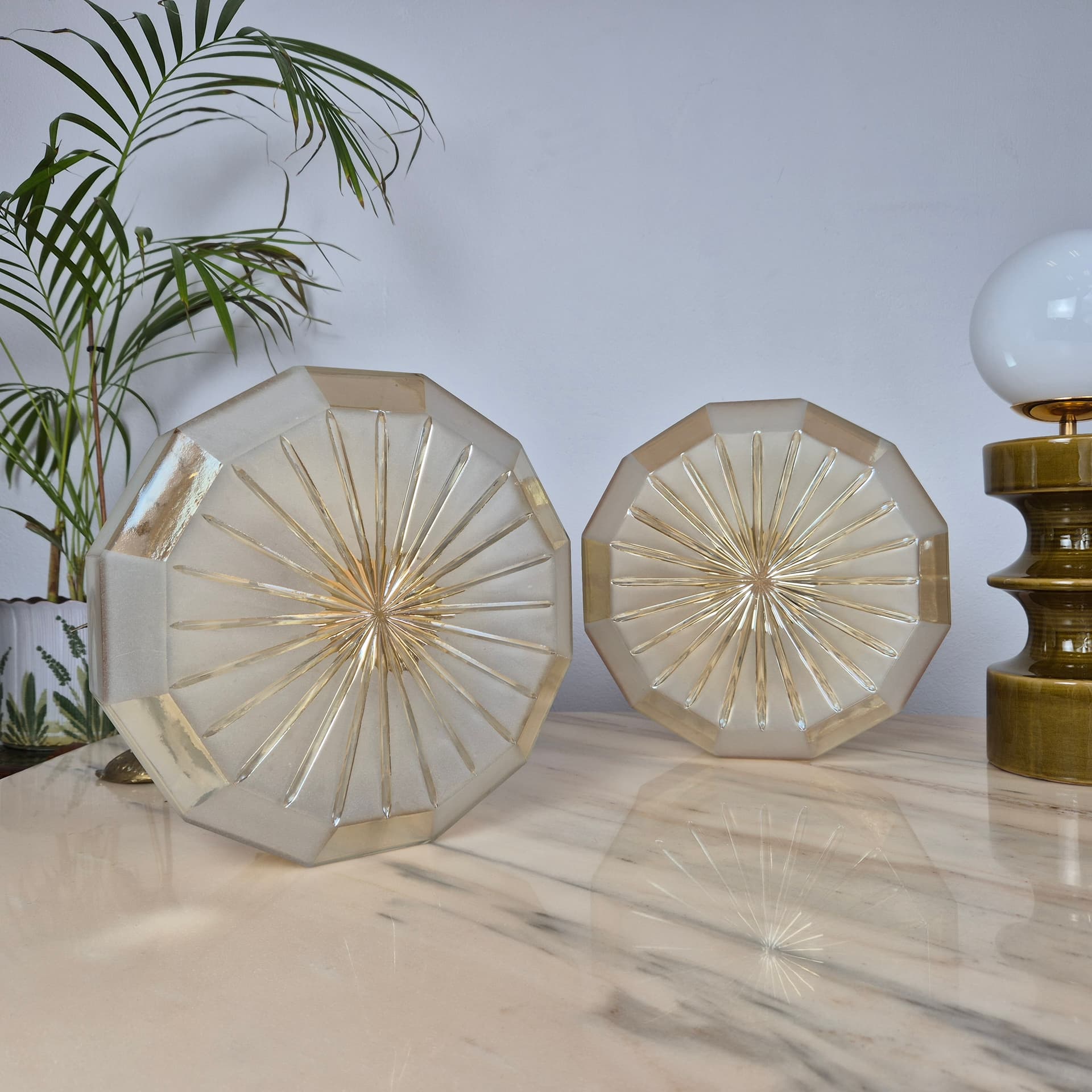 Flush mount, mid-century modern, yellow beige transparent glass, Hungary, 1960s. - 300100