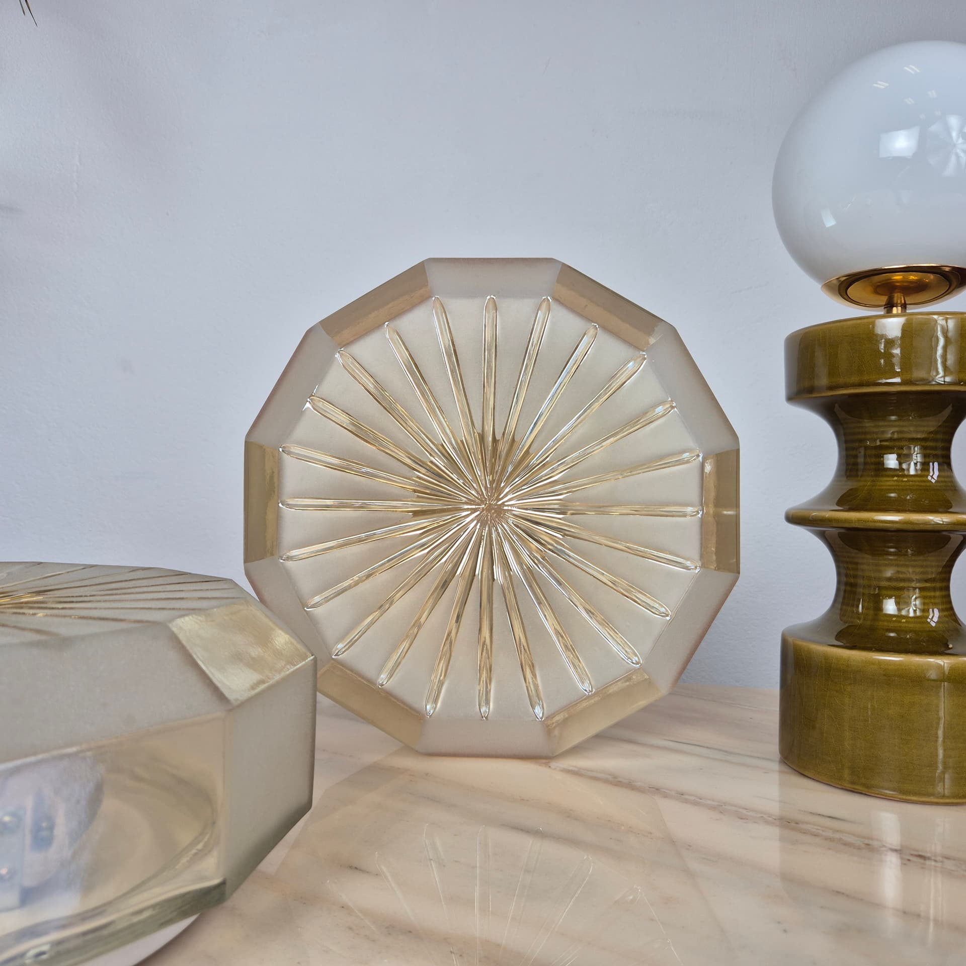 Flush mount, mid-century modern, yellow beige transparent glass, Hungary, 1960s. - 300097