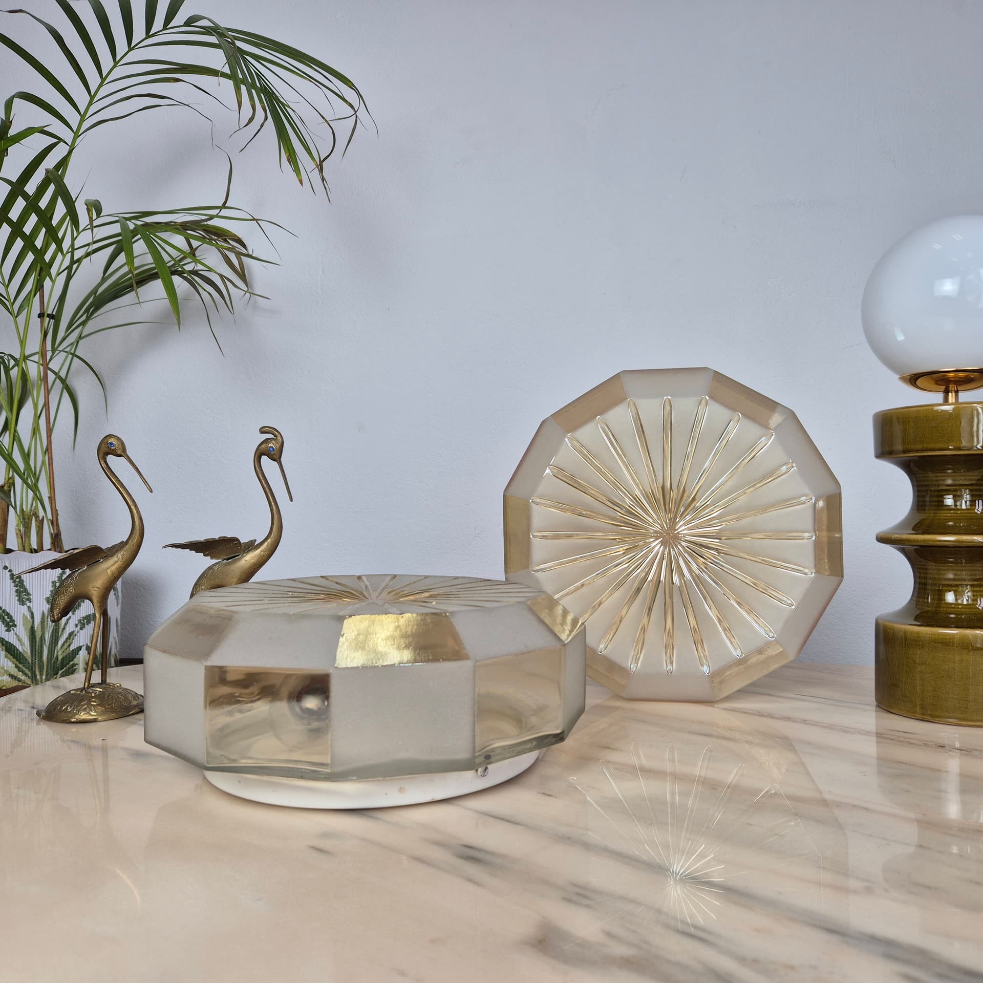 Flush mount, mid-century modern, yellow beige transparent glass, Hungary, 1960s. - 300099