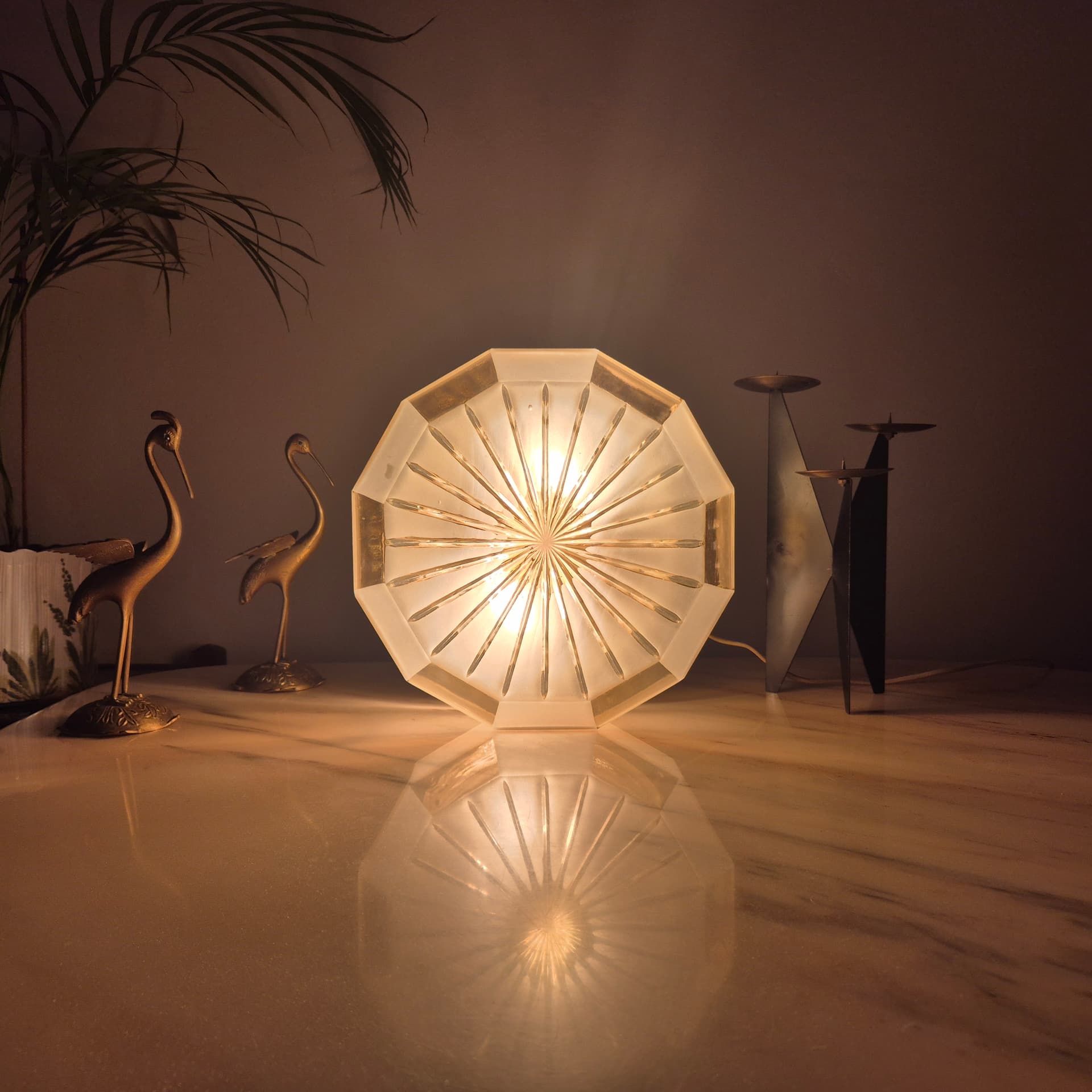 Flush mount, mid-century modern, yellow beige transparent glass, Hungary, 1960s. - 300092