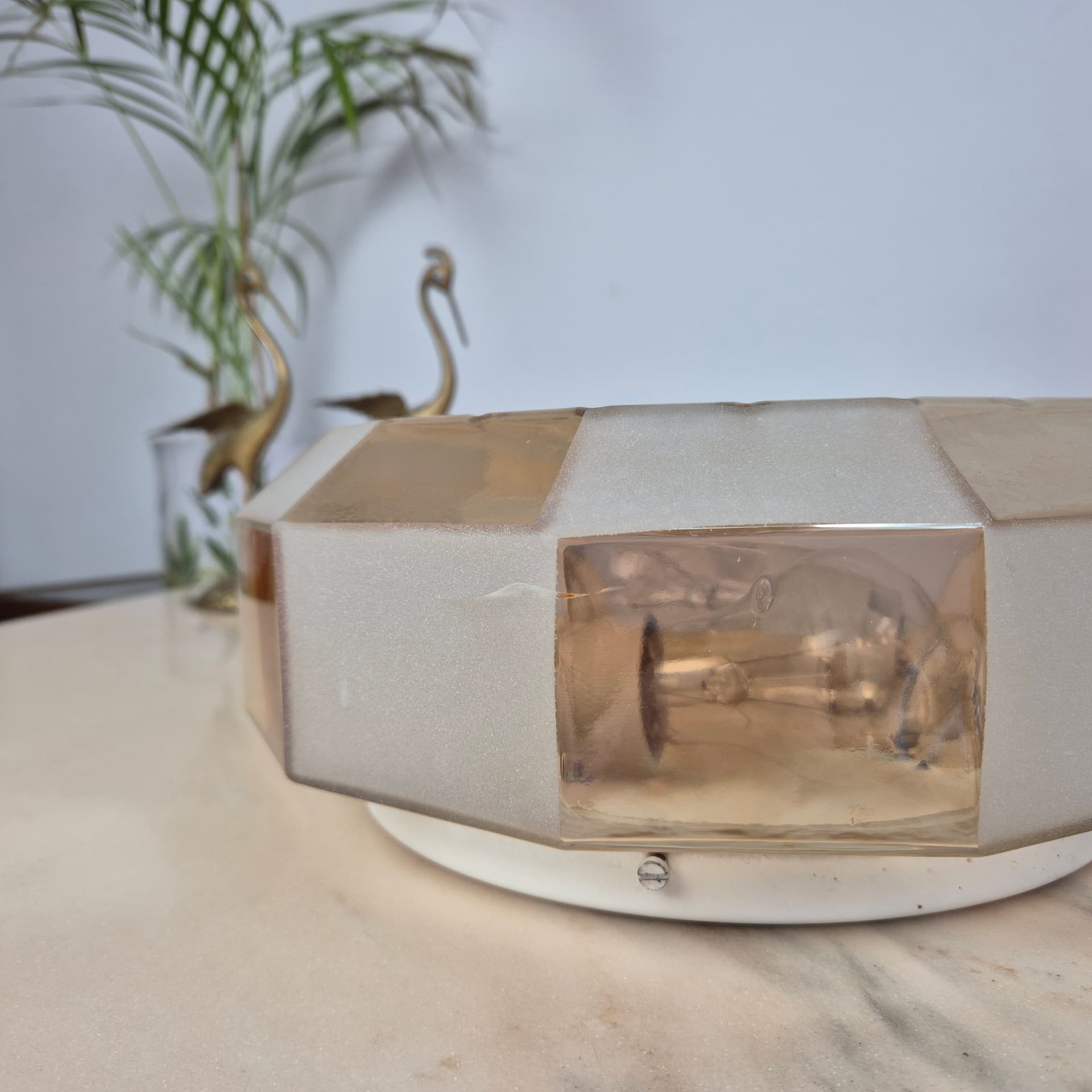 Flush mount, mid-century modern, yellow beige transparent glass, Hungary, 1960s. - 300096