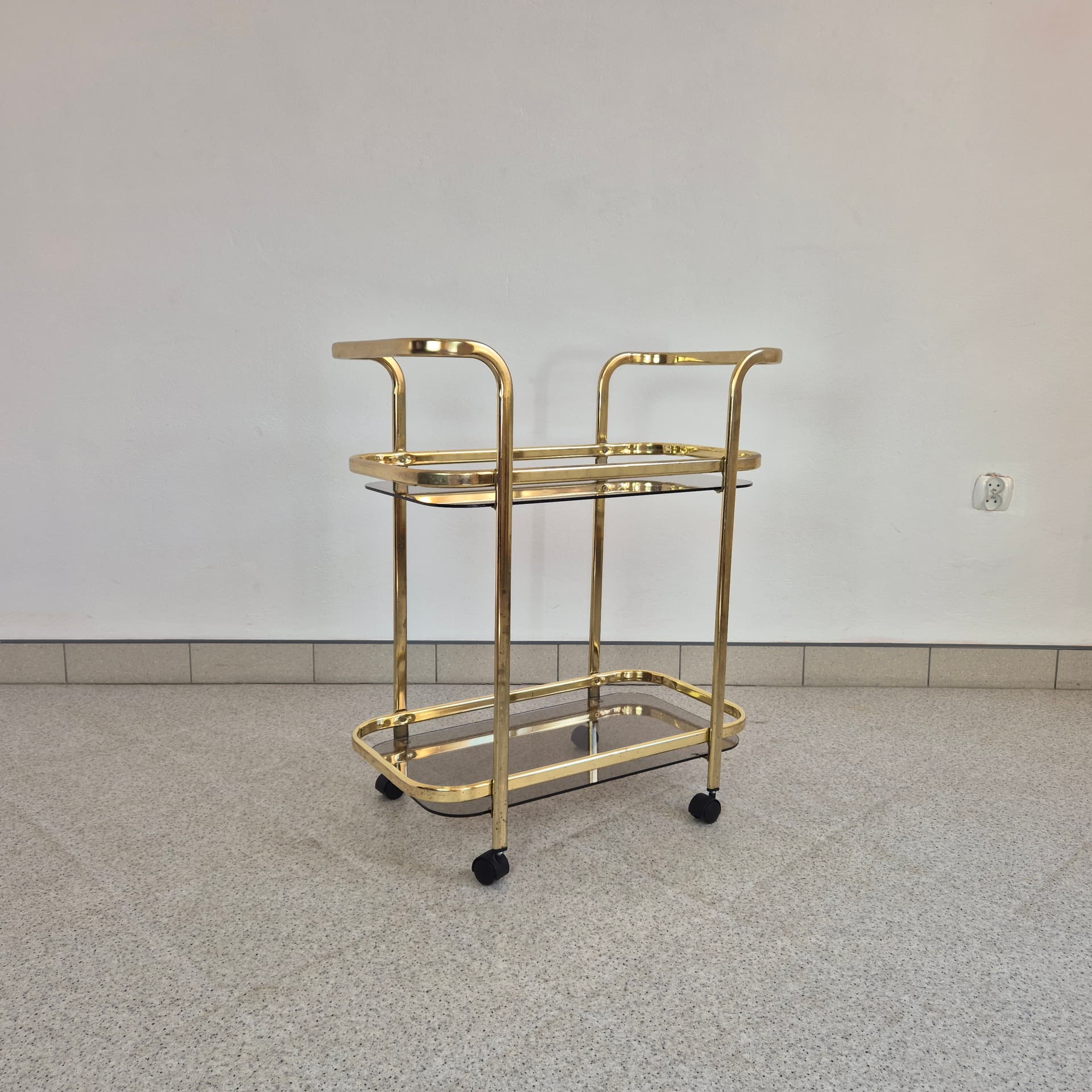 Bar cart, gold brass, transparent glass, Germany, 1990s. - 300101