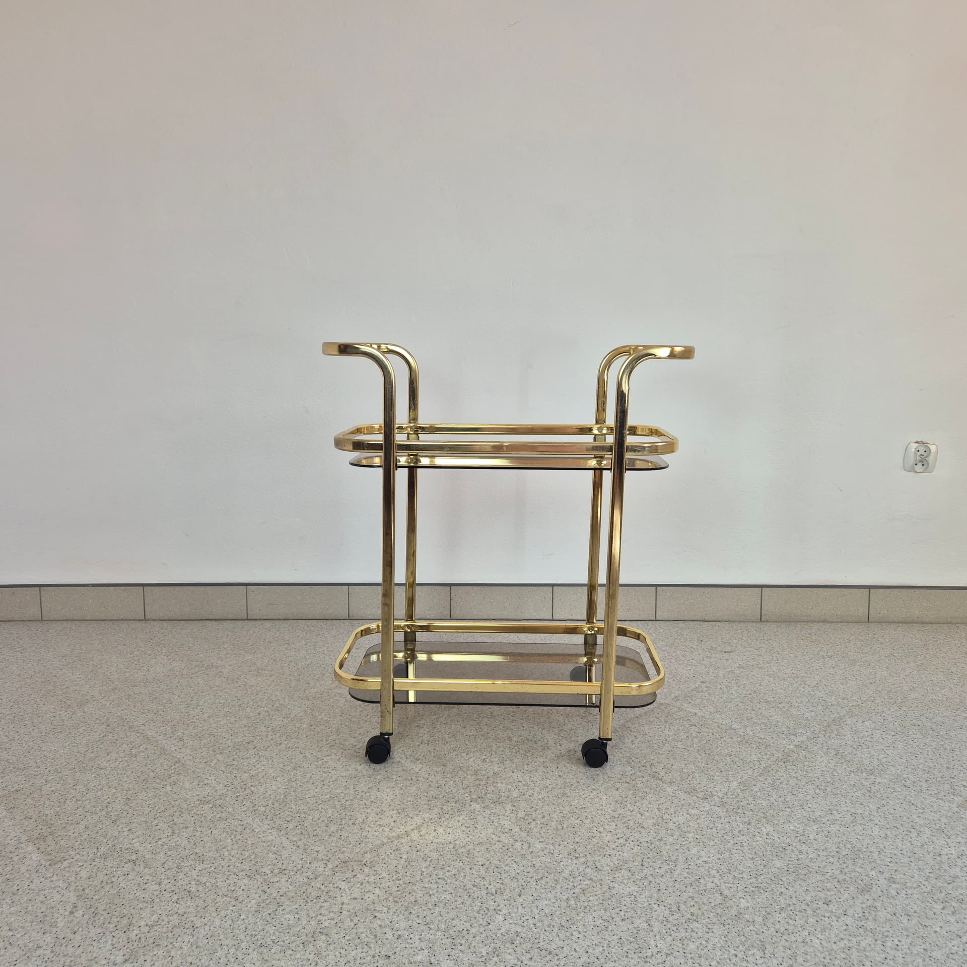 Bar cart, gold brass, transparent glass, Germany, 1990s. - 300104