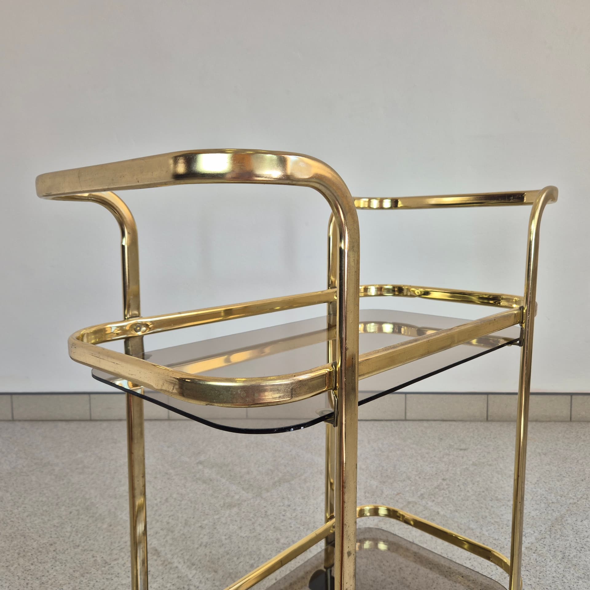 Bar cart, gold brass, transparent glass, Germany, 1990s. - 300102