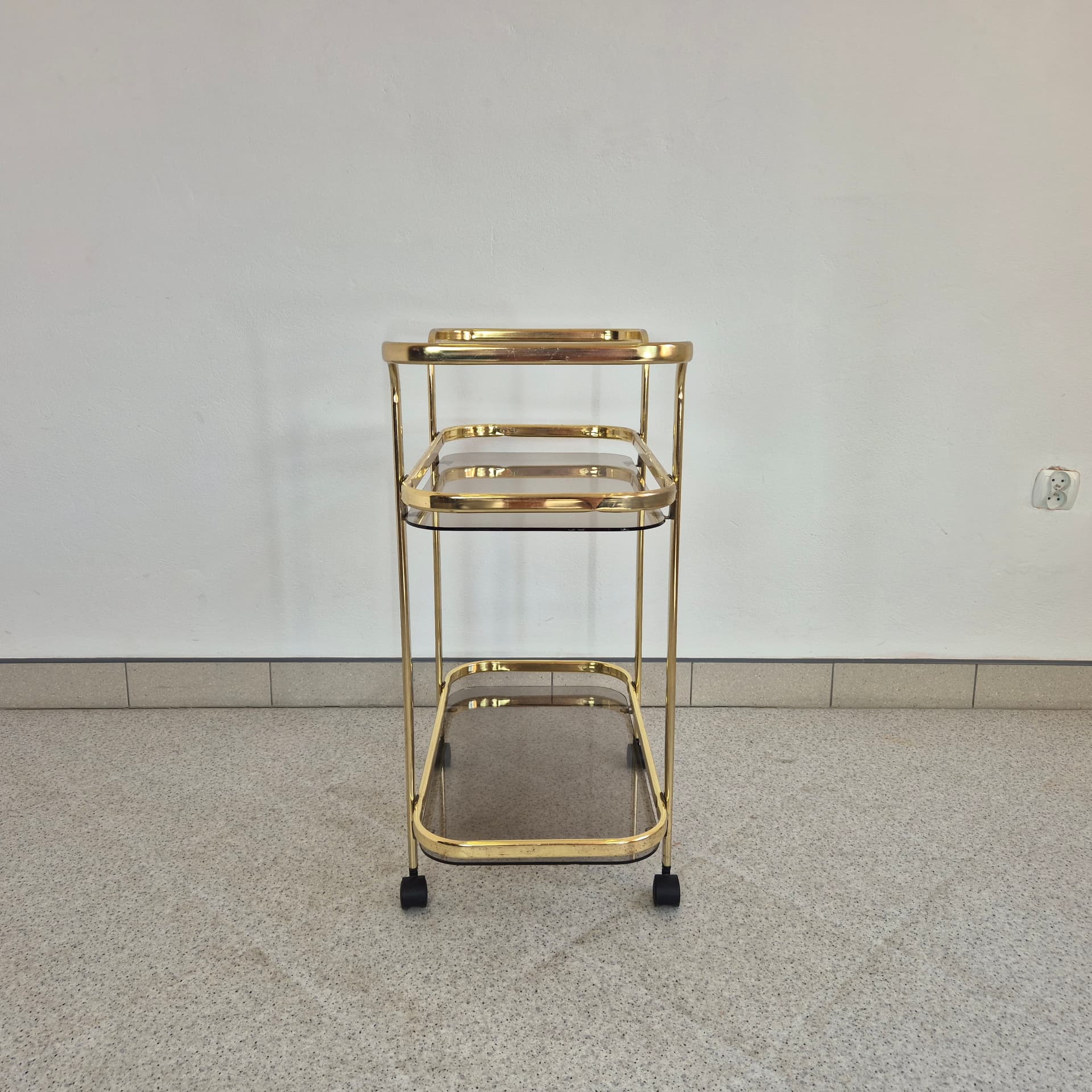 Bar cart, gold brass, transparent glass, Germany, 1990s. - 300107