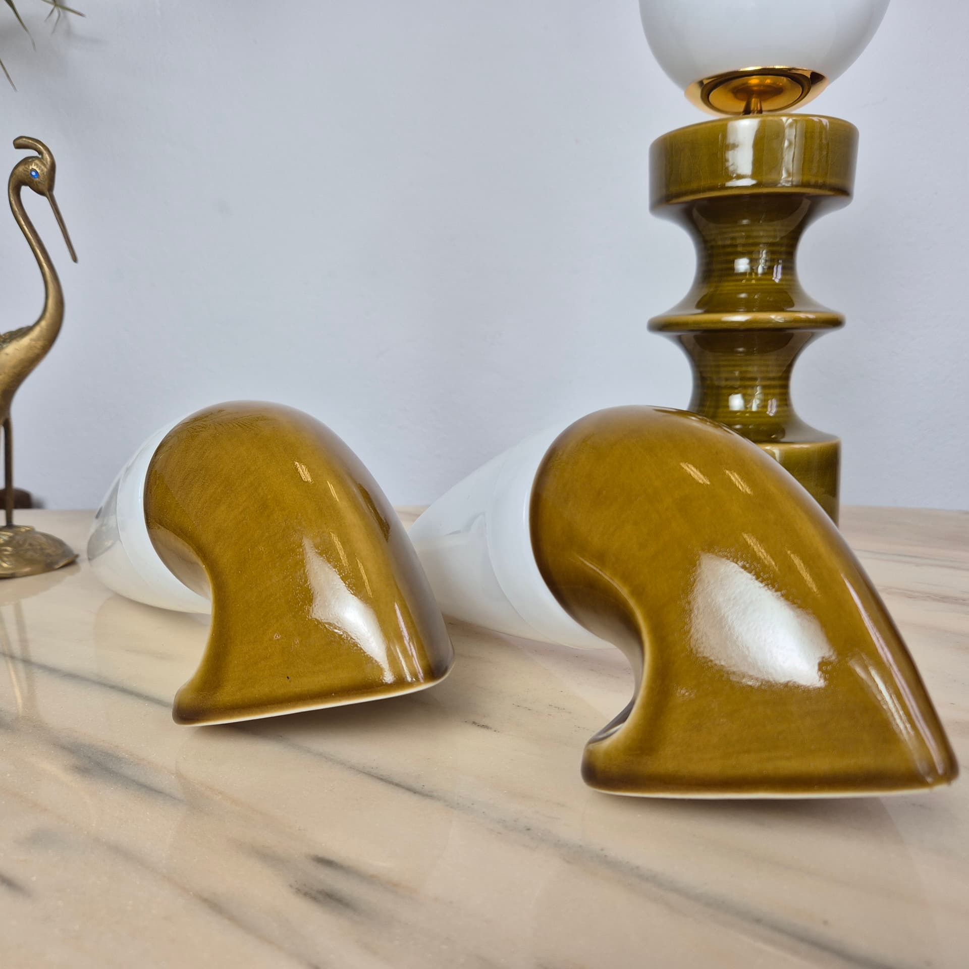 Pair of wall sconces, olive-brown stoneware, white opaline glass, by S. Bernadotte, Sweden, 1970s. - 300116