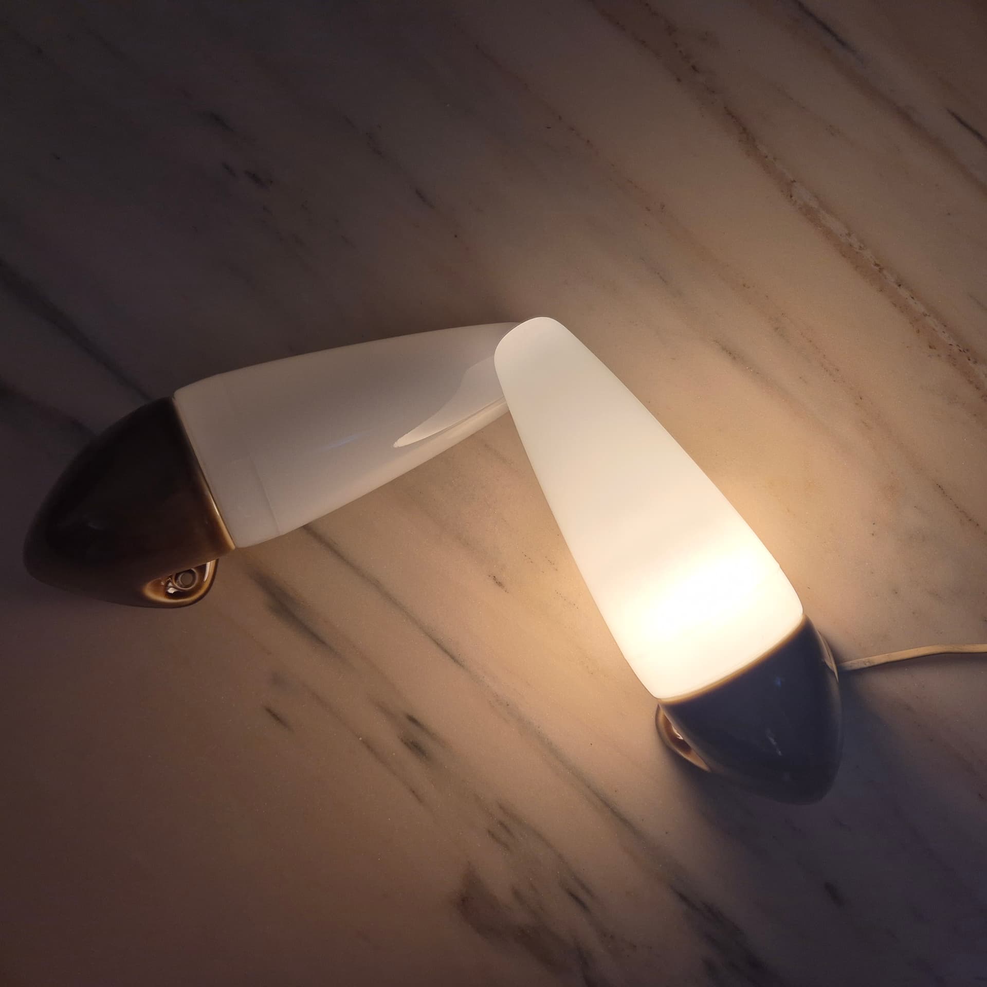 Pair of wall sconces, olive-brown stoneware, white opaline glass, by S. Bernadotte, Sweden, 1970s. - 300122