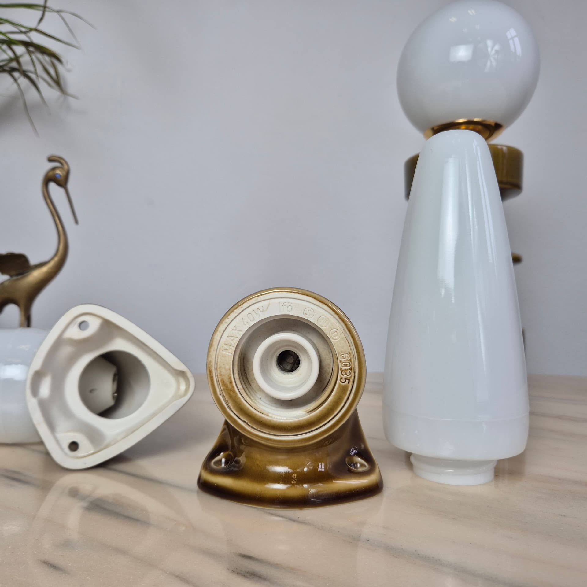 Pair of wall sconces, olive-brown stoneware, white opaline glass, by S. Bernadotte, Sweden, 1970s. - 300117