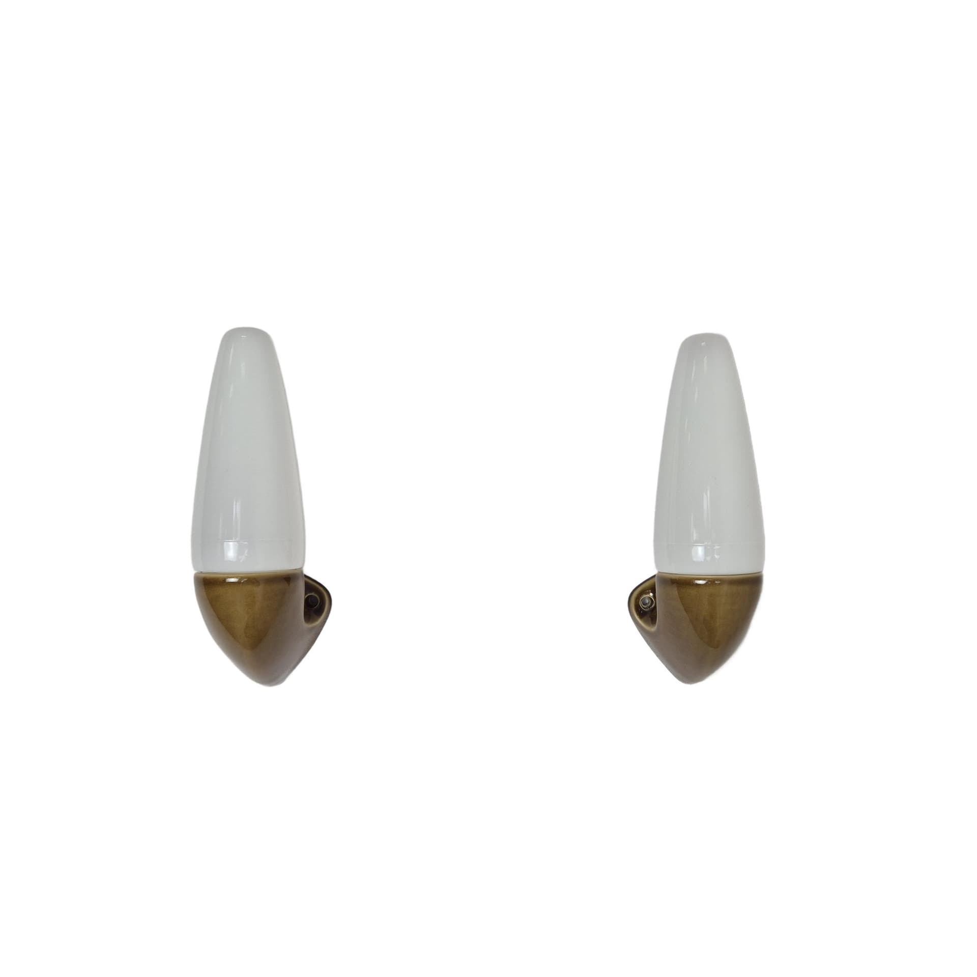 Pair of wall sconces, olive-brown stoneware, white opaline glass, by S. Bernadotte, Sweden, 1970s.