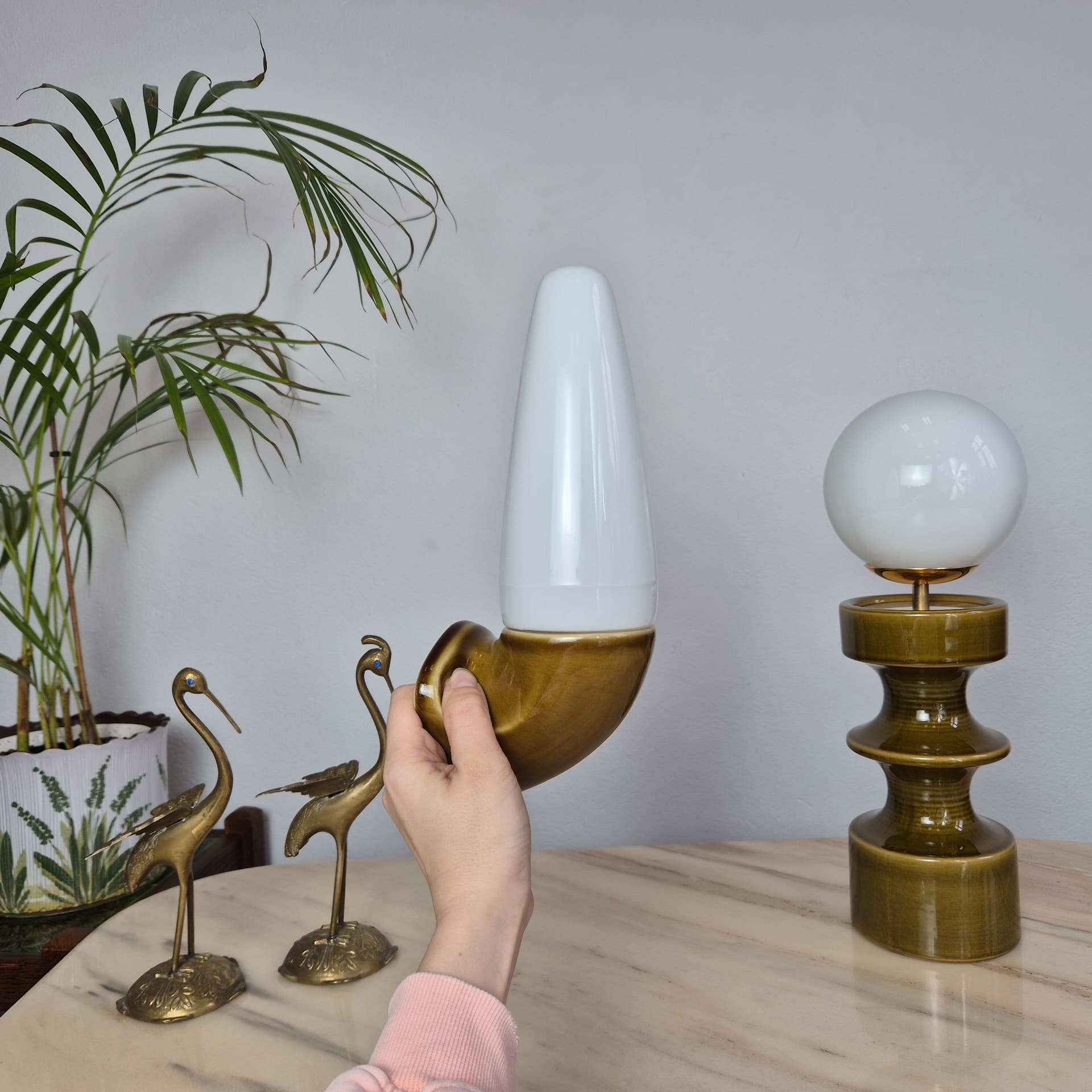 Pair of wall sconces, olive-brown stoneware, white opaline glass, by S. Bernadotte, Sweden, 1970s. - 300118