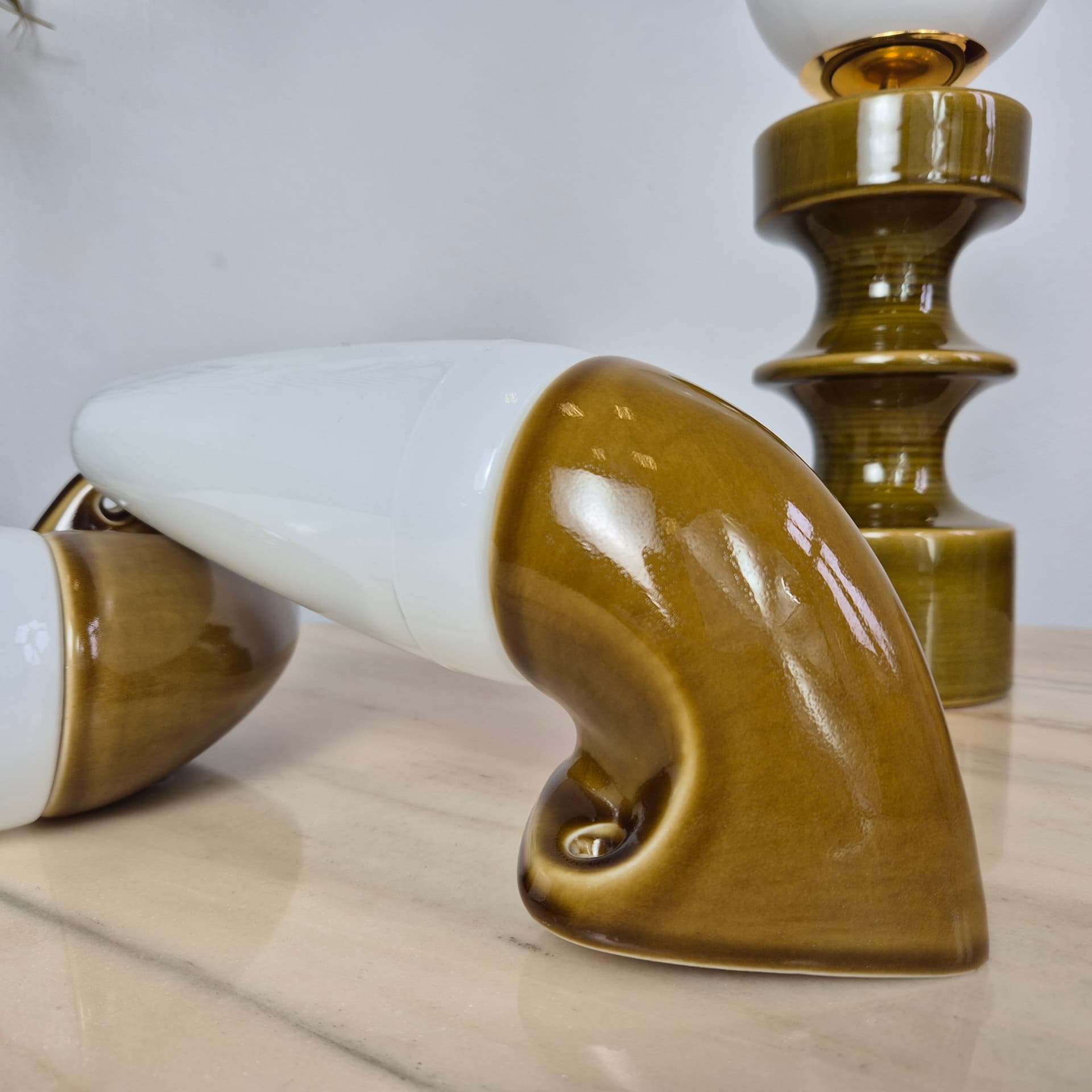 Pair of wall sconces, olive-brown stoneware, white opaline glass, by S. Bernadotte, Sweden, 1970s. - 300120