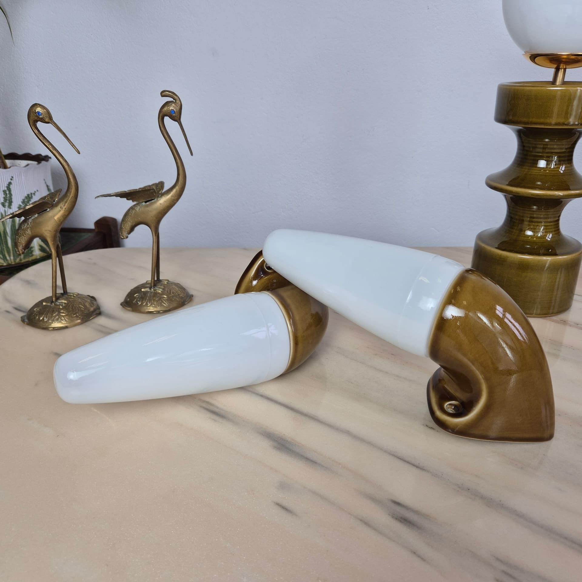 Pair of wall sconces, olive-brown stoneware, white opaline glass, by S. Bernadotte, Sweden, 1970s. - 300121