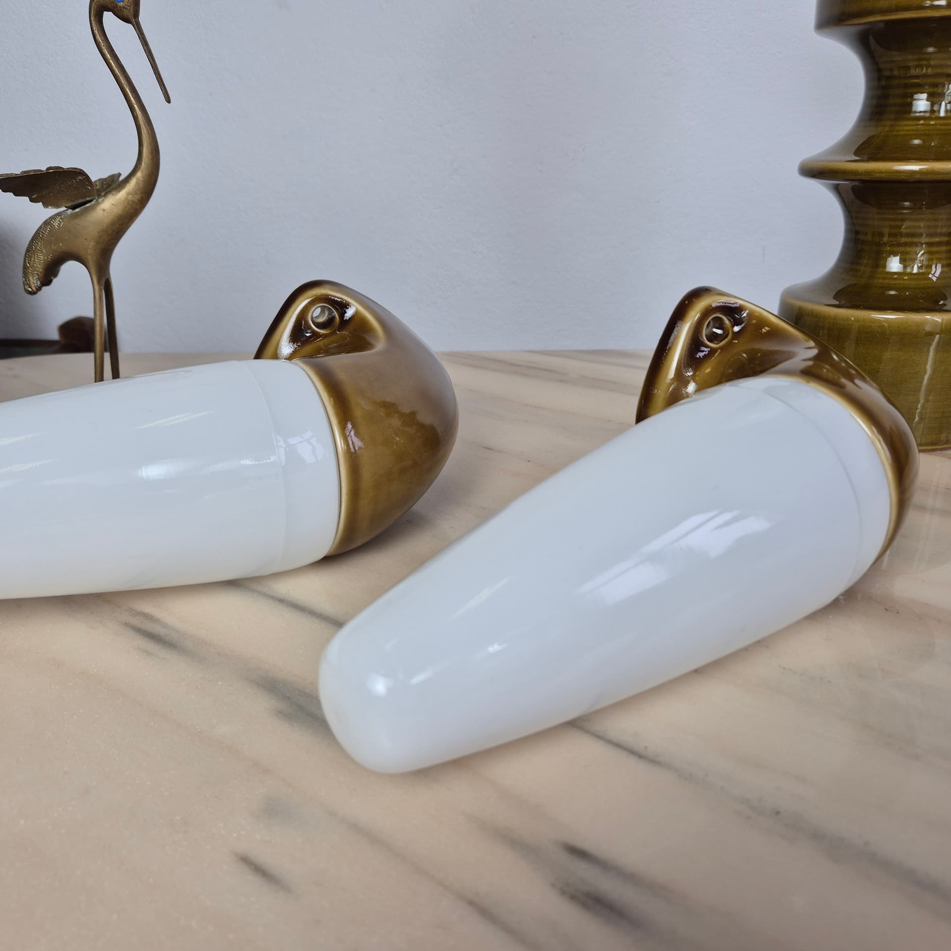 Pair of wall sconces, olive-brown stoneware, white opaline glass, by S. Bernadotte, Sweden, 1970s. - 300119