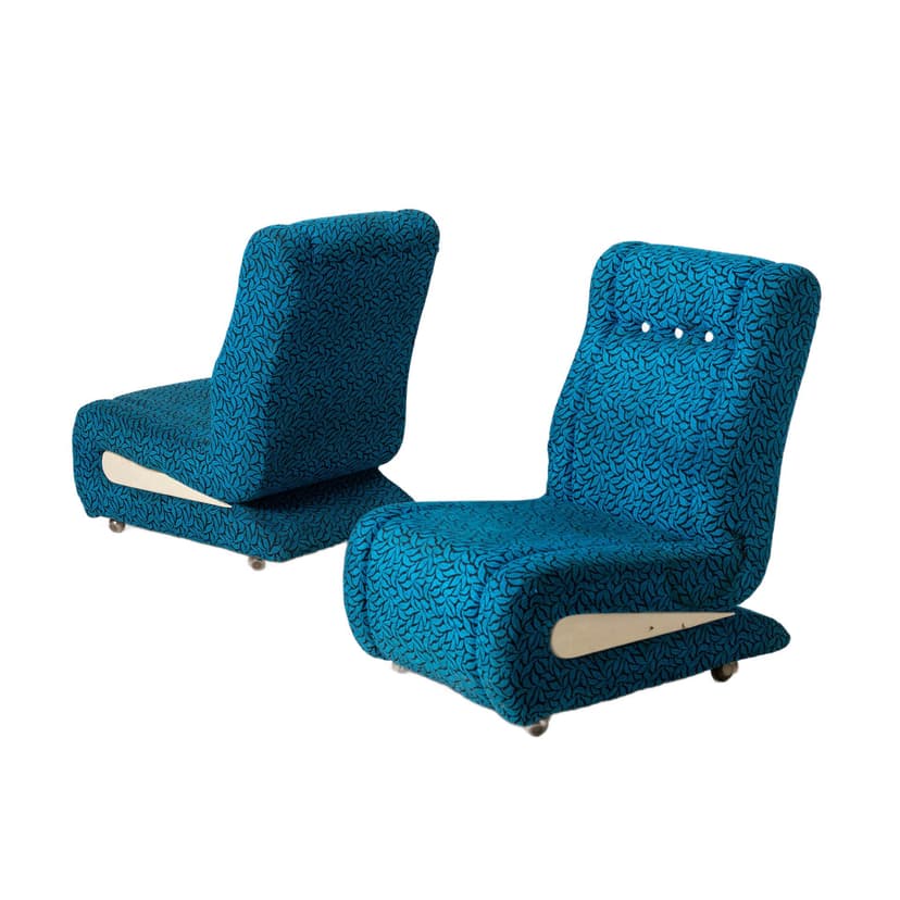 Set of Two Lounge Chairs Space Age, blue black fabric, cream plastic, metal, Czechoslovakia, 1970s