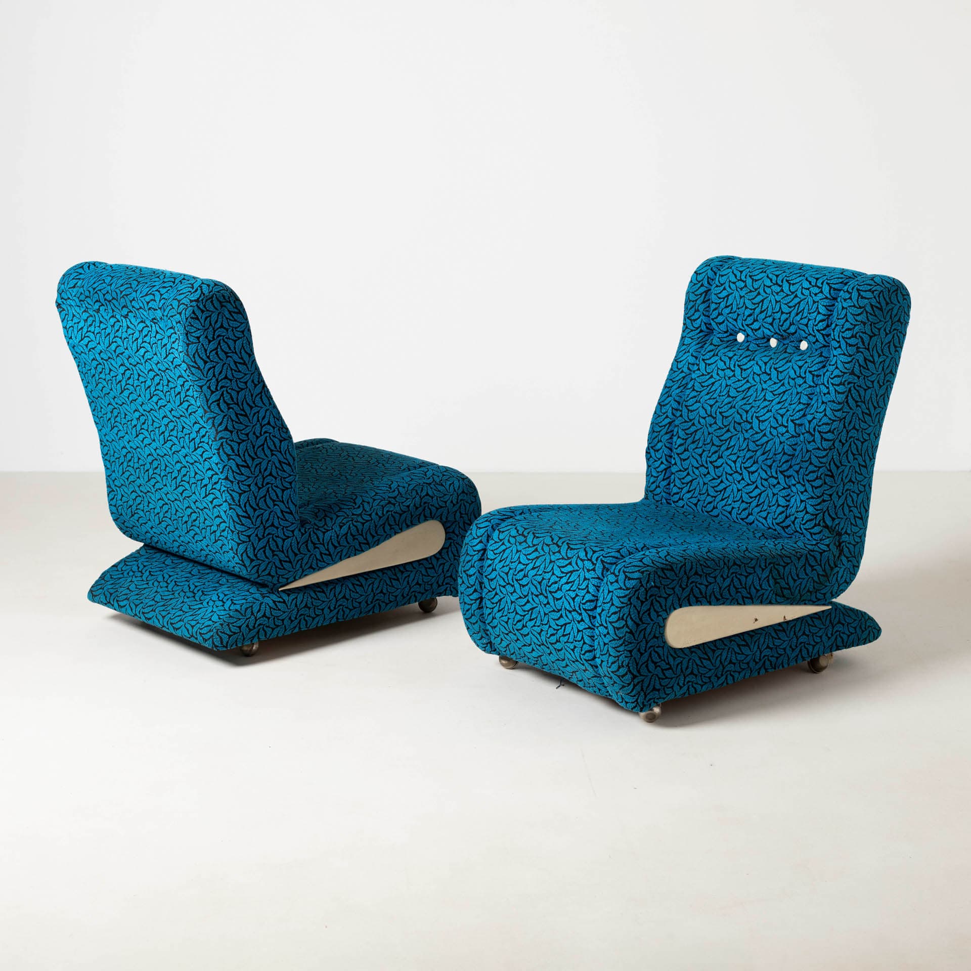 Set of Two Lounge Chairs Space Age, blue black fabric, cream plastic, metal, Czechoslovakia, 1970s - 300221