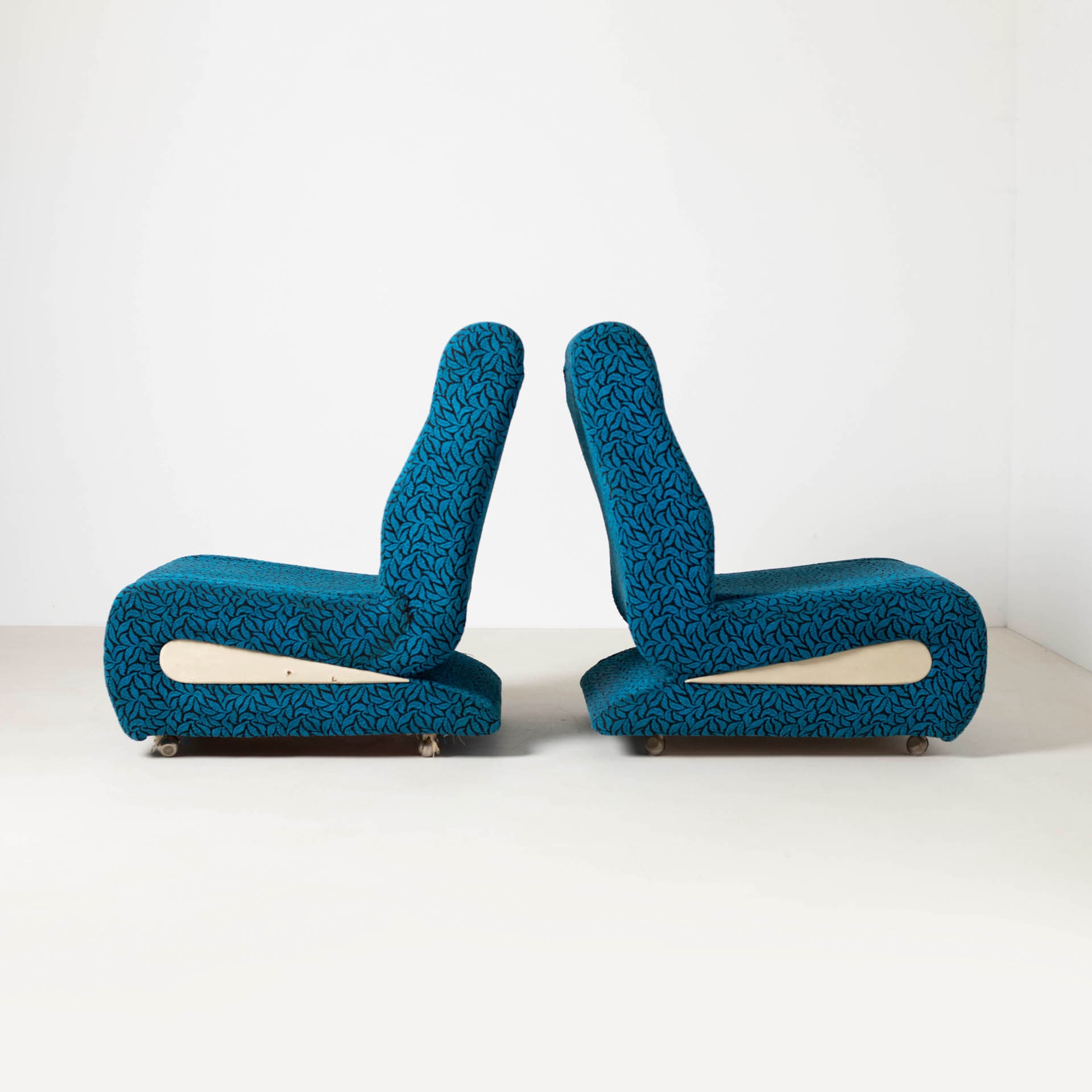 Set of Two Lounge Chairs Space Age, blue black fabric, cream plastic, metal, Czechoslovakia, 1970s - 300224