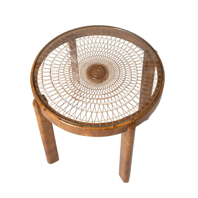 Stolik pomocniczy Art Déco, orzech brązowy, rattan beżowy, szkło transparentne, Polska, lata 40. - WYMIARY