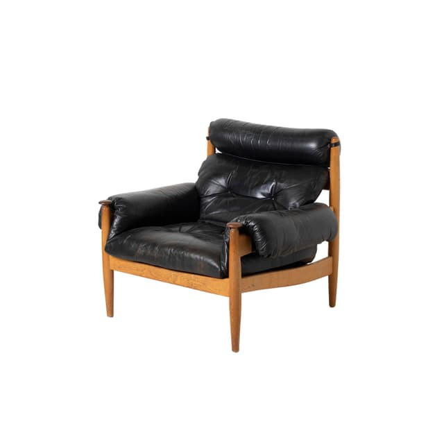 Lounge chair, brown oak, black leather, by E. Merthen, Ire Möbler, Sweden, 1960s. - DIMENSION