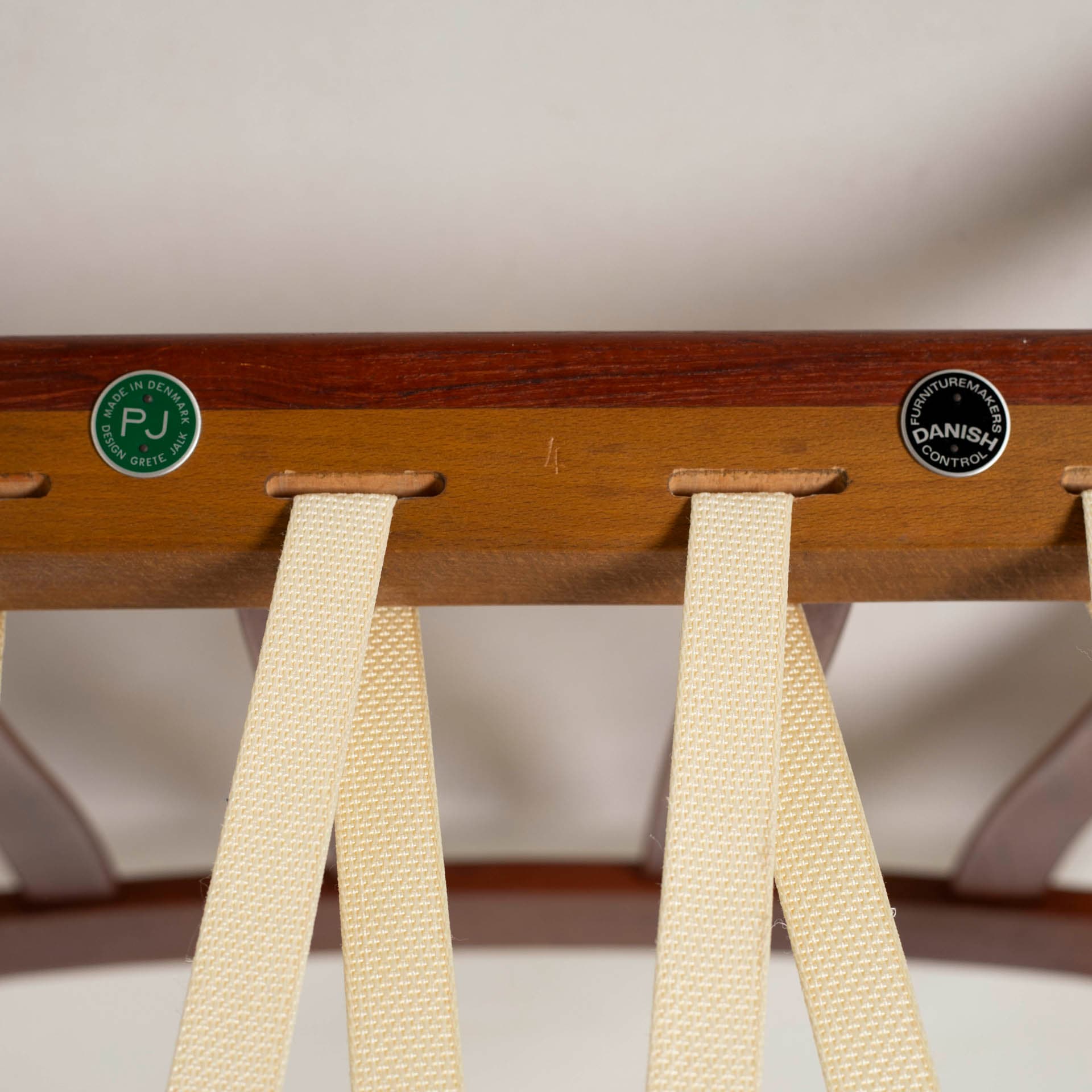 Armchair, brown teak, beige wool, by G. Jalk, Poul Jeppesens Møbelfabrik, Denmark, 1960s. - 300254