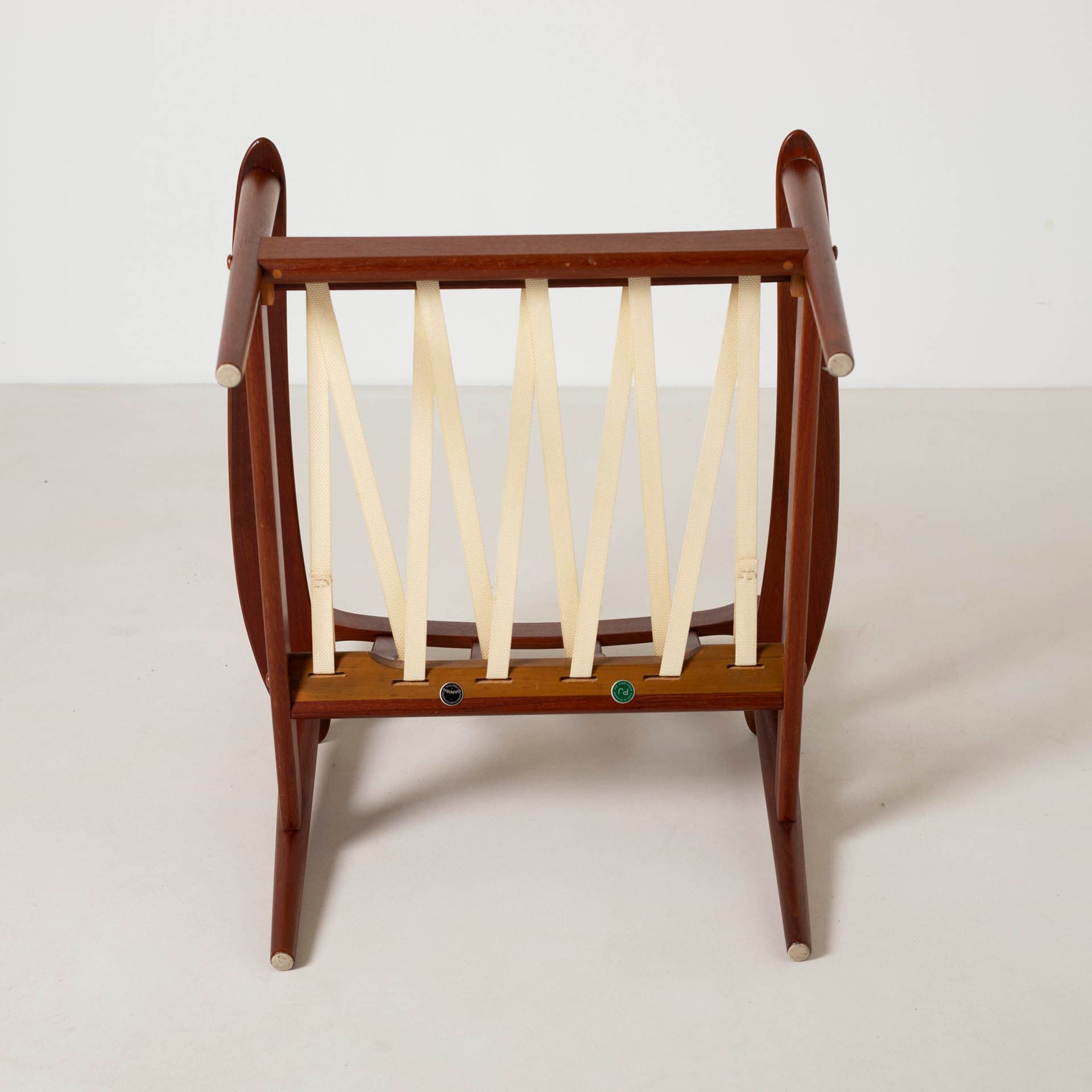 Armchair, brown teak, beige wool, by G. Jalk, Poul Jeppesens Møbelfabrik, Denmark, 1960s. - 300253