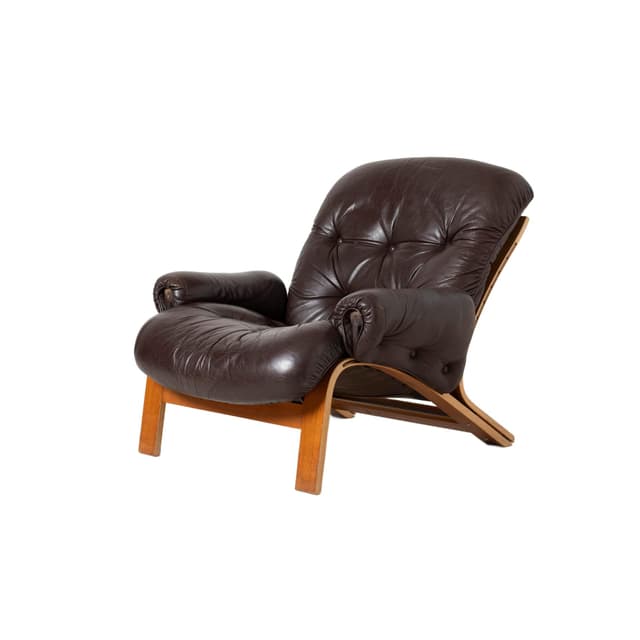 Armchair Ry Wing, brown leather, teak plywood, by E. & N. Solheim, RYBO Mobler, Norway, 1970s. - DIMENSION