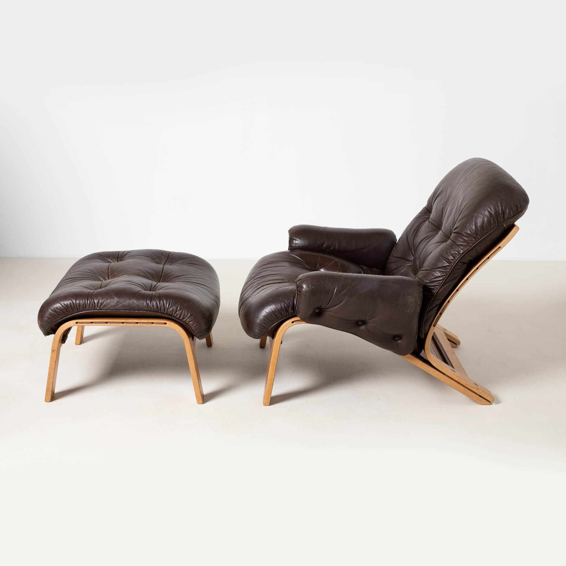 Lounge Chair with Ottoman Ry Wing, brown leather, teak plywood, by E. Solheim, N. Solheim, Norway, 1970s - 300273