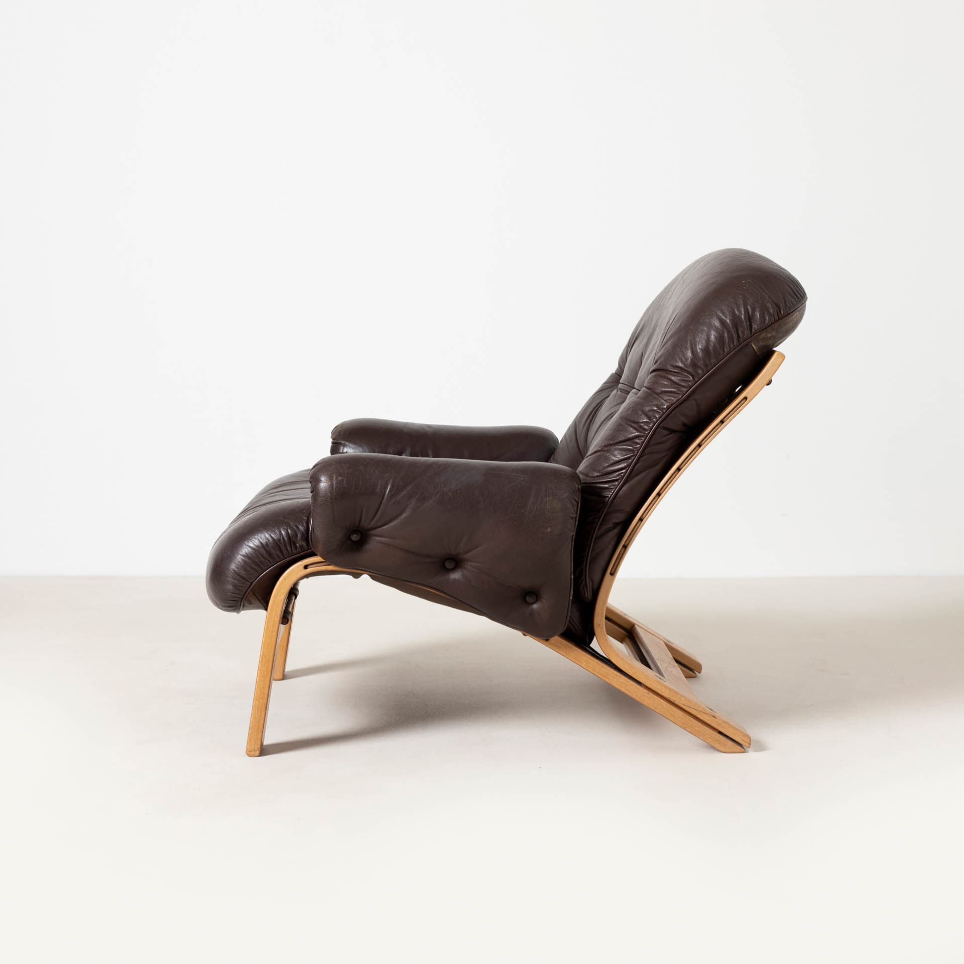 Lounge Chair with Ottoman Ry Wing, brown leather, teak plywood, by E. Solheim, N. Solheim, Norway, 1970s - 300278
