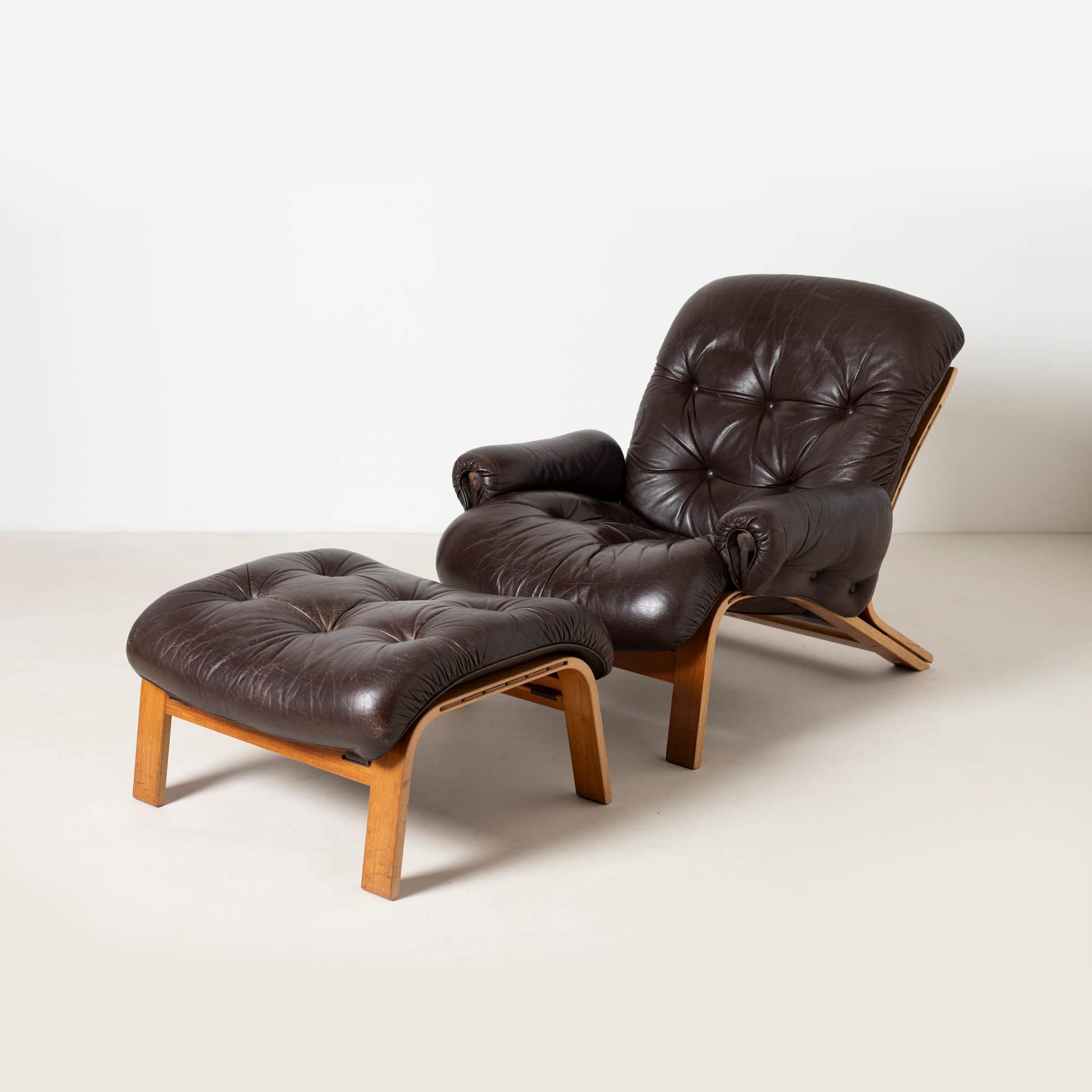 Lounge Chair with Ottoman Ry Wing, brown leather, teak plywood, by E. Solheim, N. Solheim, Norway, 1970s - 300270