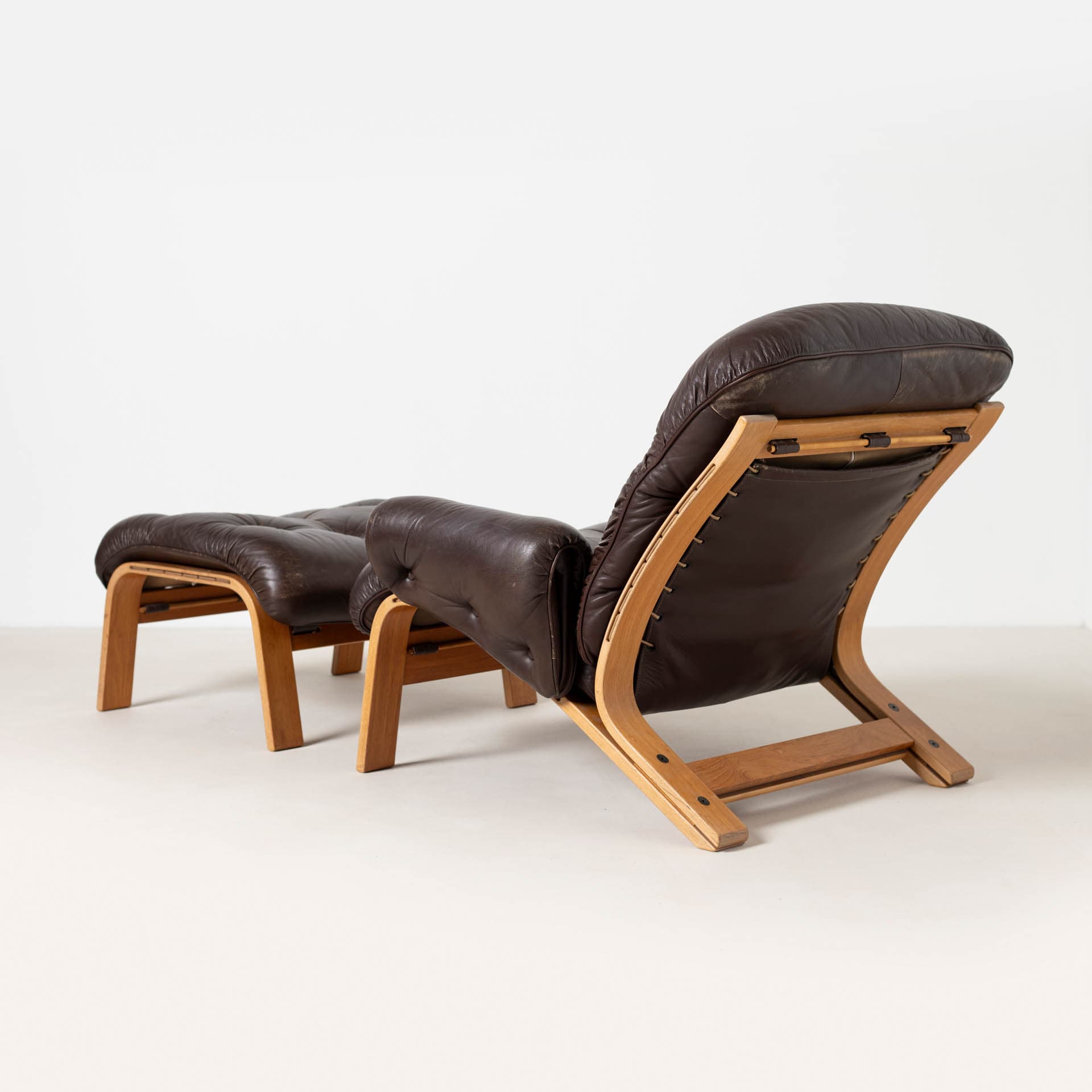 Lounge Chair with Ottoman Ry Wing, brown leather, teak plywood, by E. Solheim, N. Solheim, Norway, 1970s - 300275