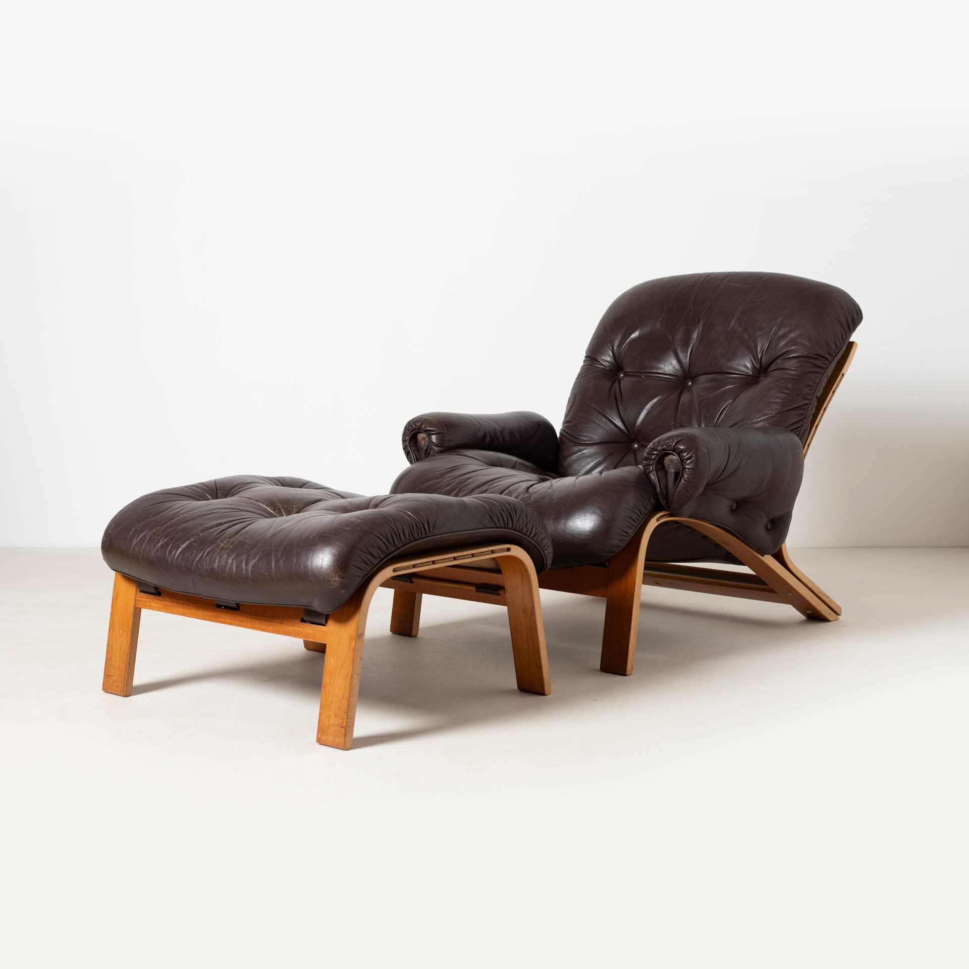 Lounge Chair with Ottoman Ry Wing, brown leather, teak plywood, by E. Solheim, N. Solheim, Norway, 1970s - 300271