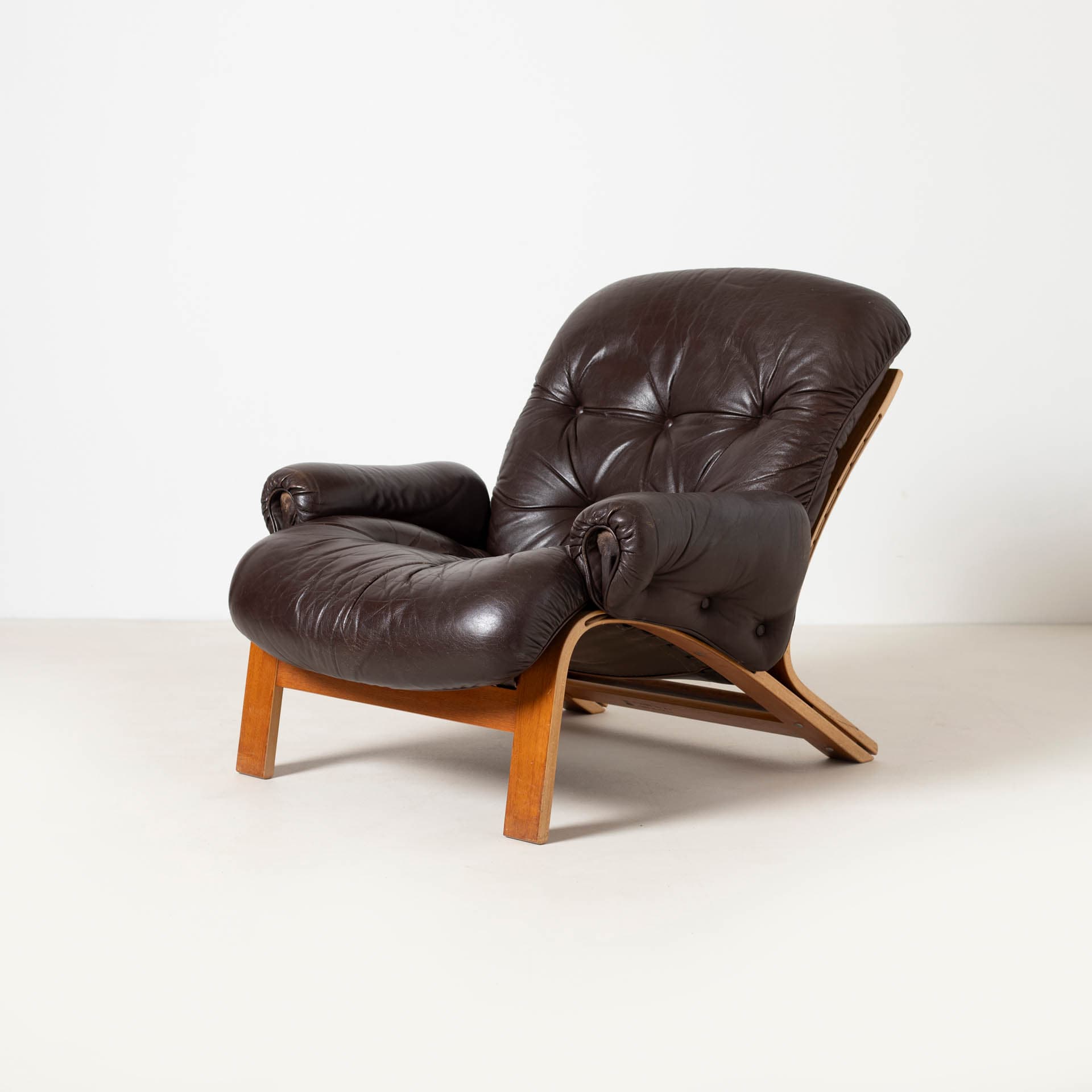 Lounge Chair with Ottoman Ry Wing, brown leather, teak plywood, by E. Solheim, N. Solheim, Norway, 1970s - 300281
