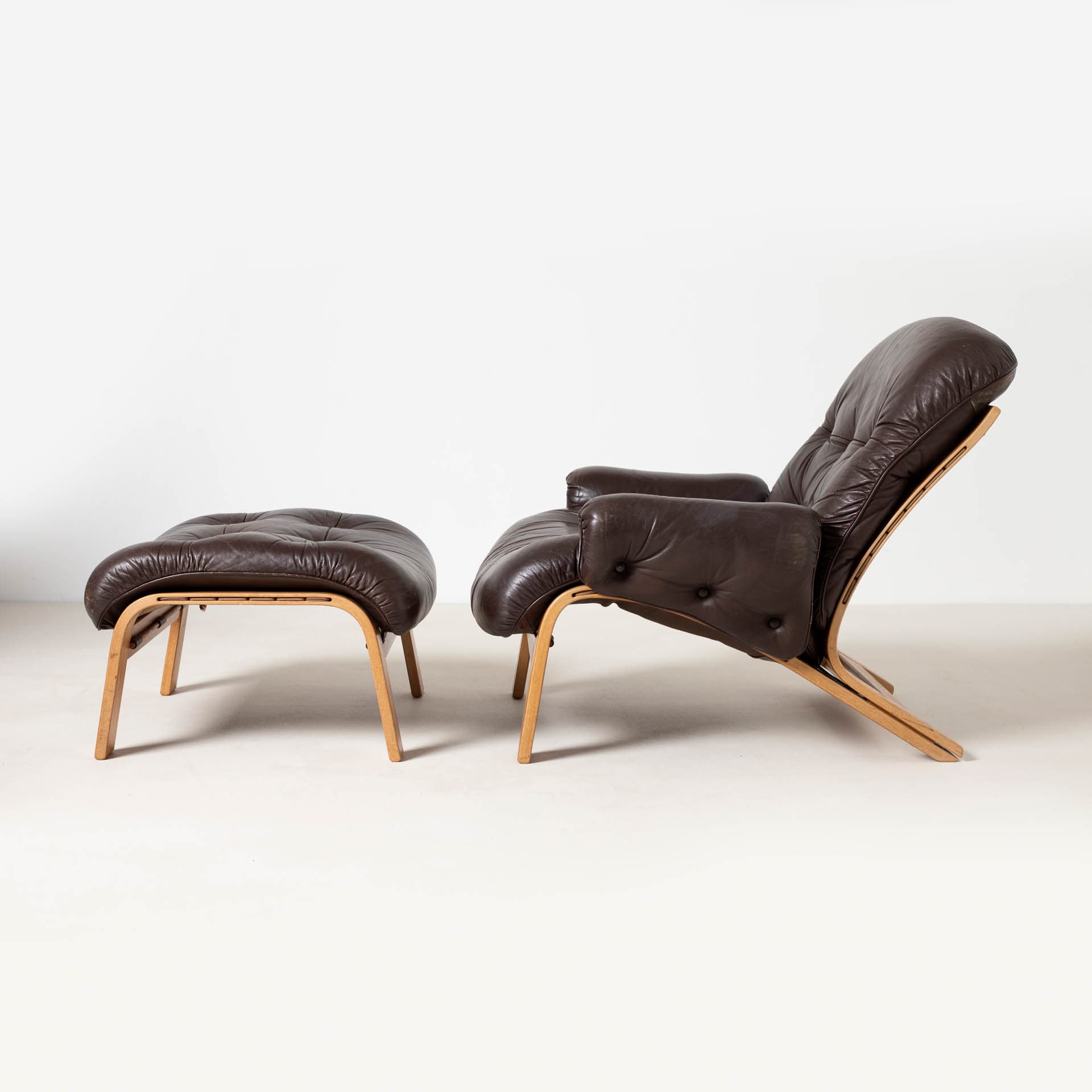 Lounge Chair with Ottoman Ry Wing, brown leather, teak plywood, by E. Solheim, N. Solheim, Norway, 1970s - 300272