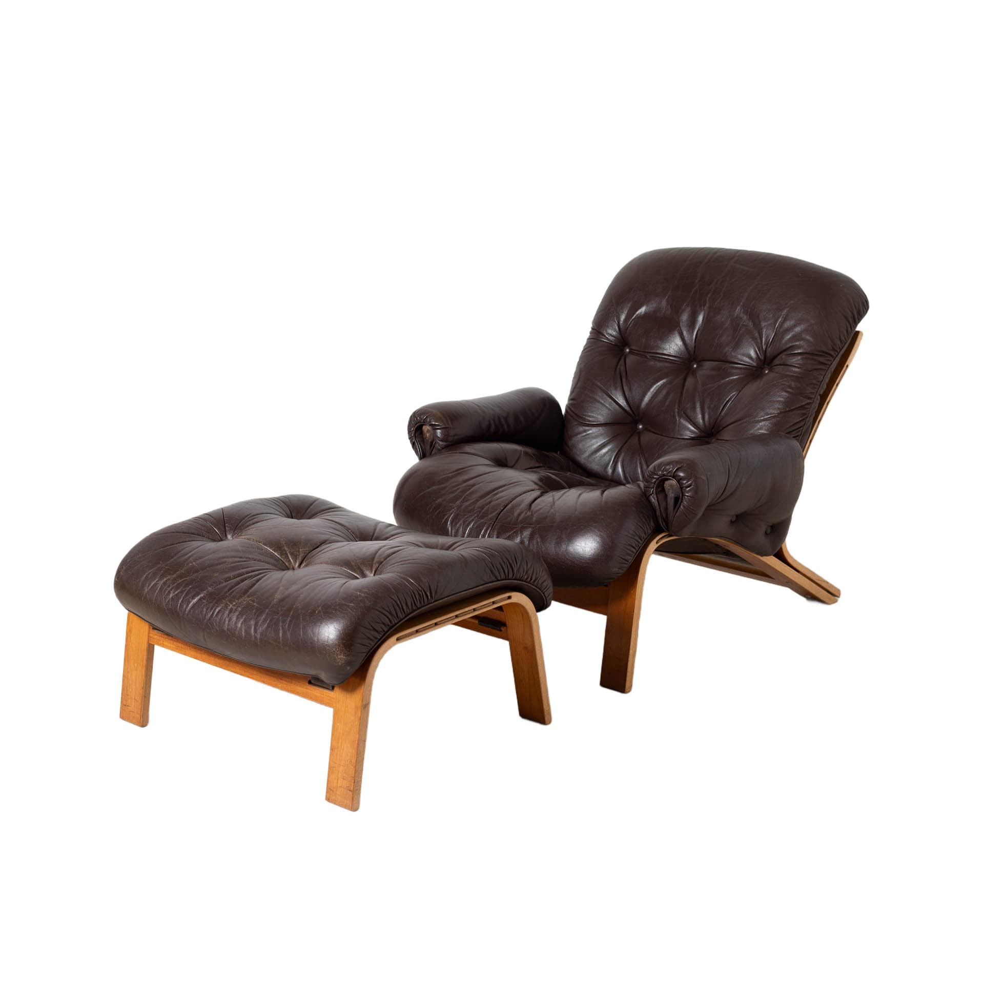 Lounge Chair with Ottoman Ry Wing, brown leather, teak plywood, by E. Solheim, N. Solheim, Norway, 1970s