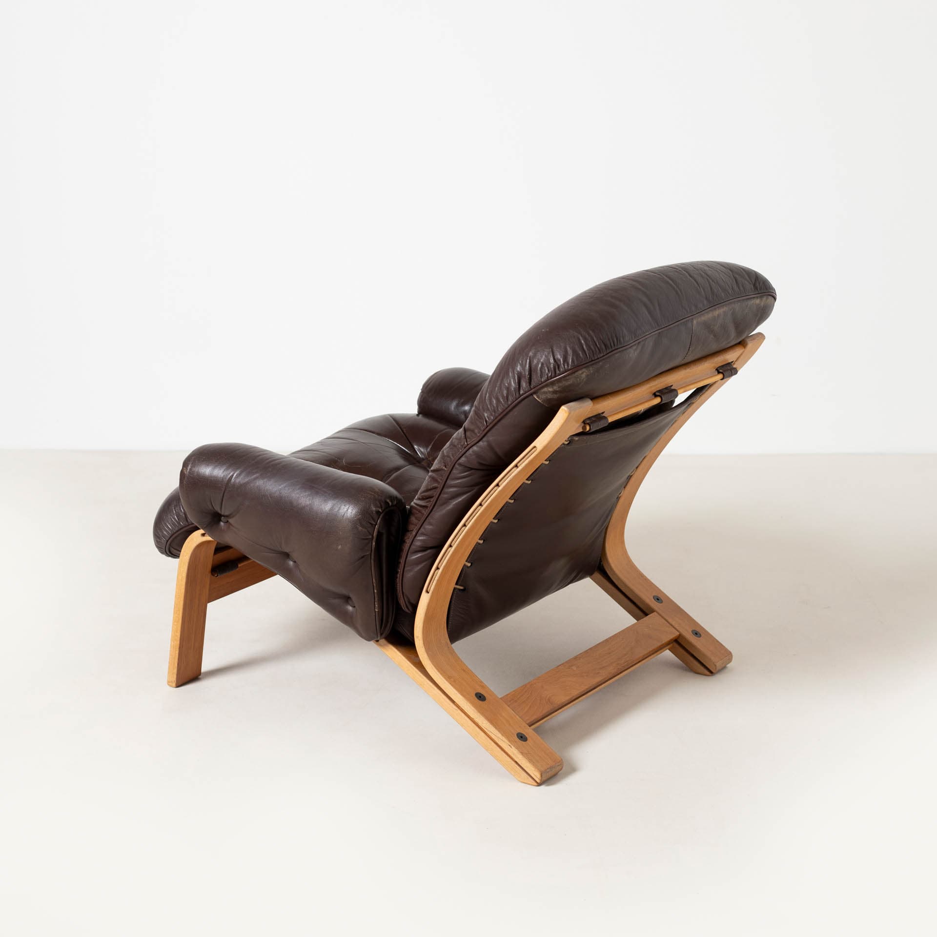 Lounge Chair with Ottoman Ry Wing, brown leather, teak plywood, by E. Solheim, N. Solheim, Norway, 1970s - 300276