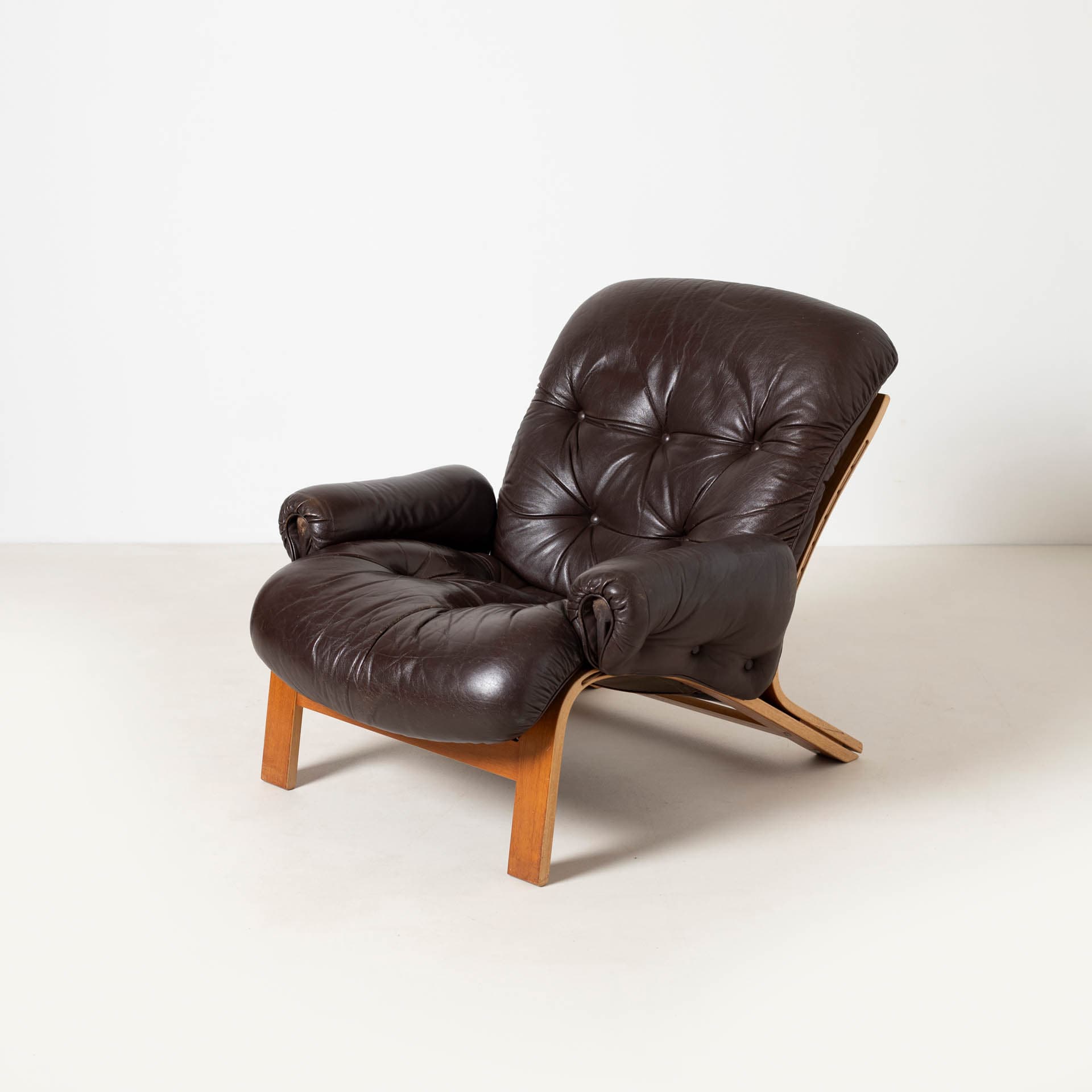 Lounge Chair with Ottoman Ry Wing, brown leather, teak plywood, by E. Solheim, N. Solheim, Norway, 1970s - 300280