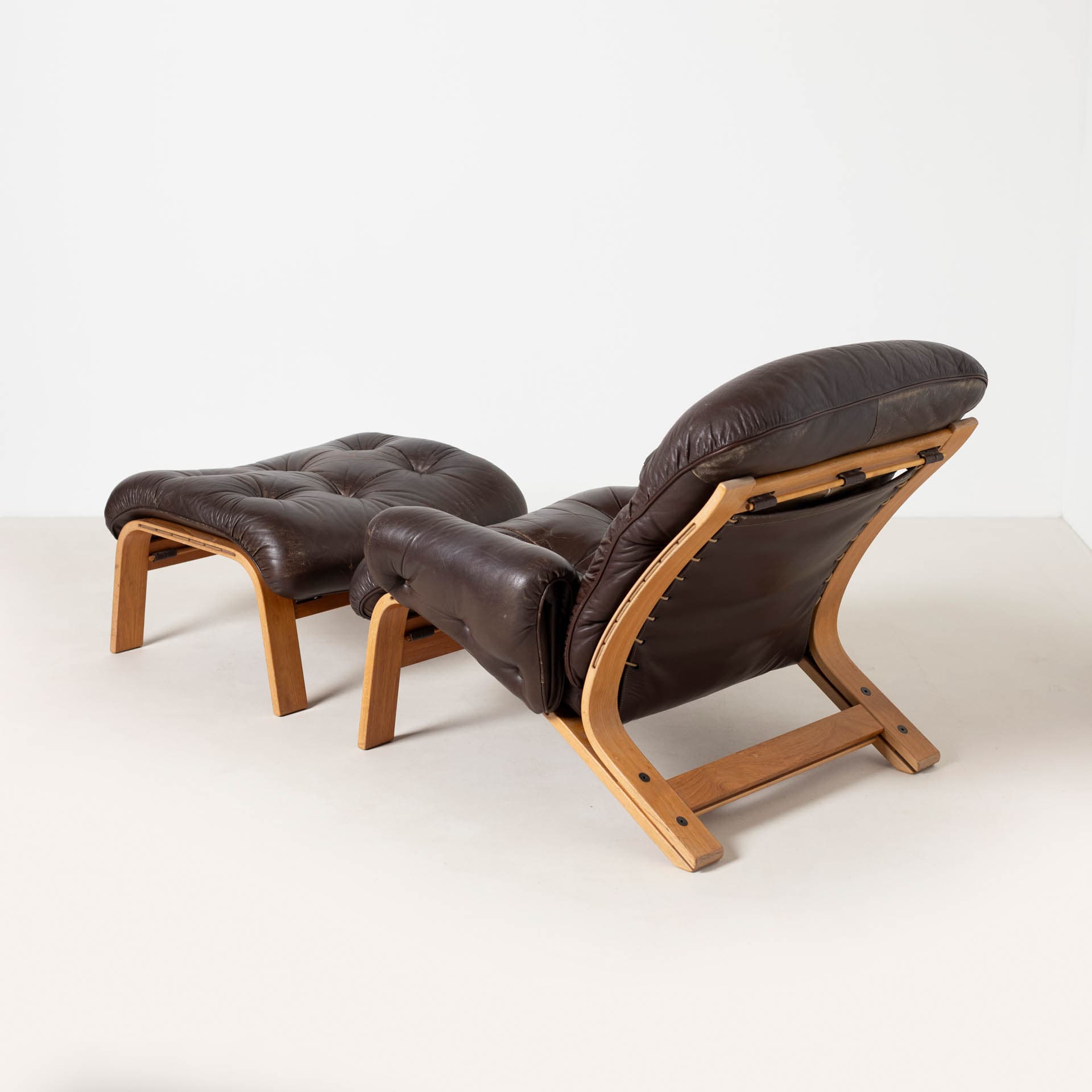 Lounge Chair with Ottoman Ry Wing, brown leather, teak plywood, by E. Solheim, N. Solheim, Norway, 1970s - 300274