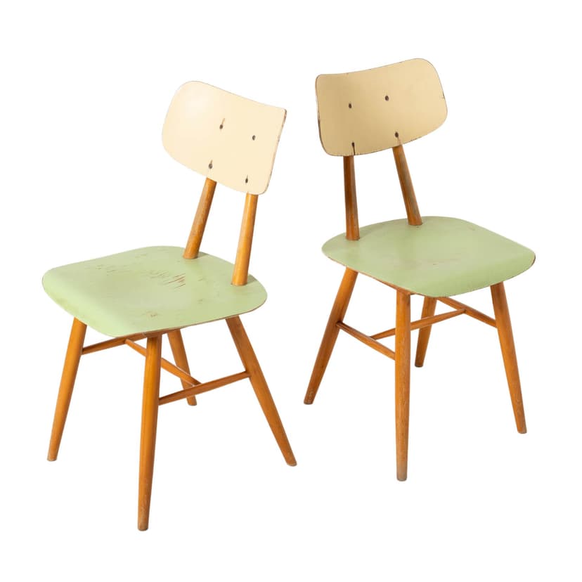 Set of Two Chairs, green beige, beech plywood, TON, Czechoslovakia, 1960s.