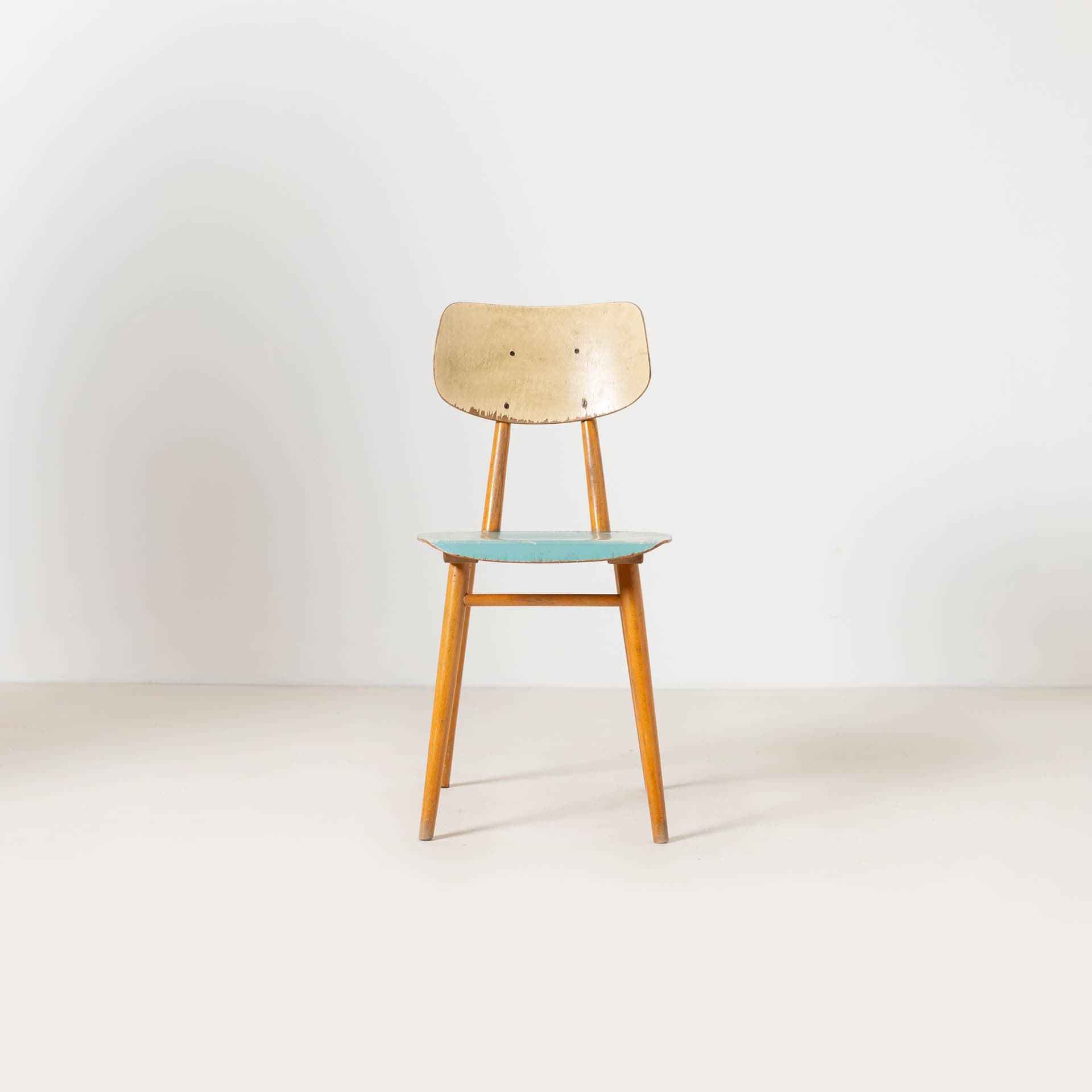 Set of four dining chairs, blue plywood, brown beech, TON, Czechoslovakia, 1960s. - 300315