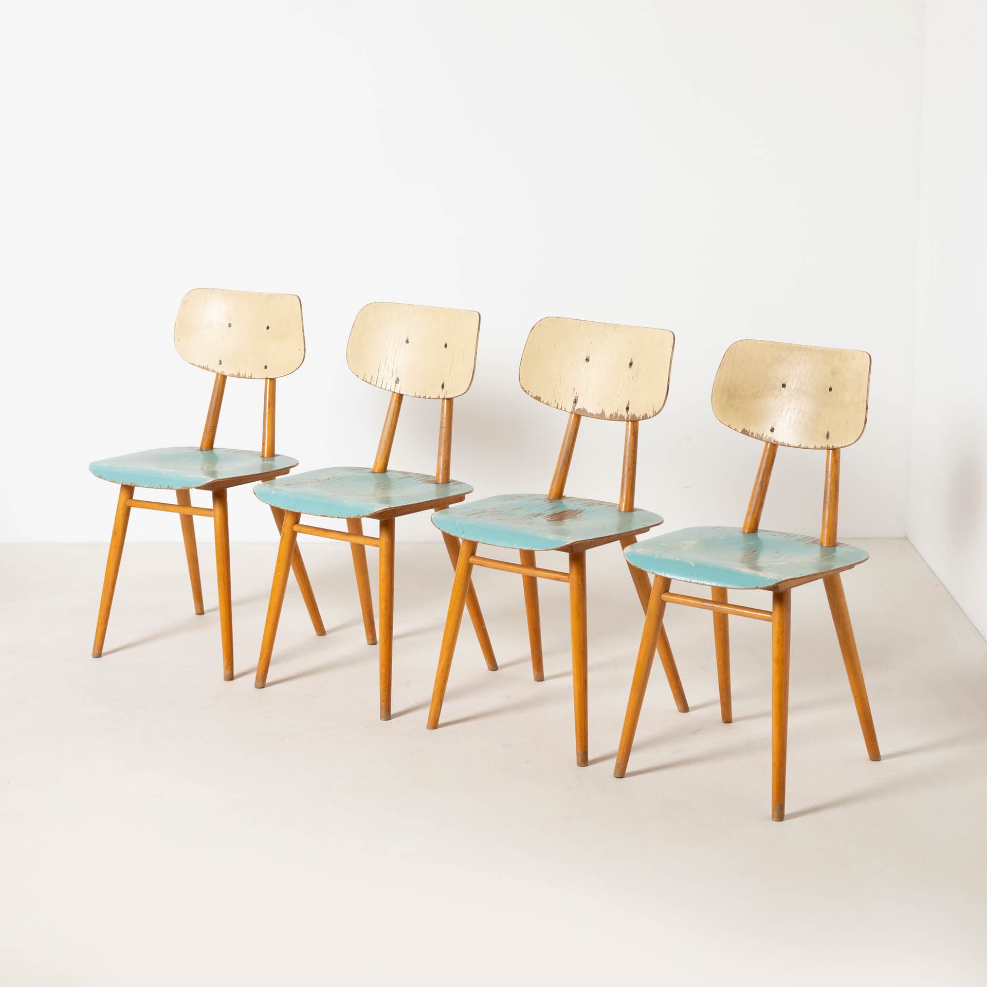Set of four dining chairs, blue plywood, brown beech, TON, Czechoslovakia, 1960s. - 300309