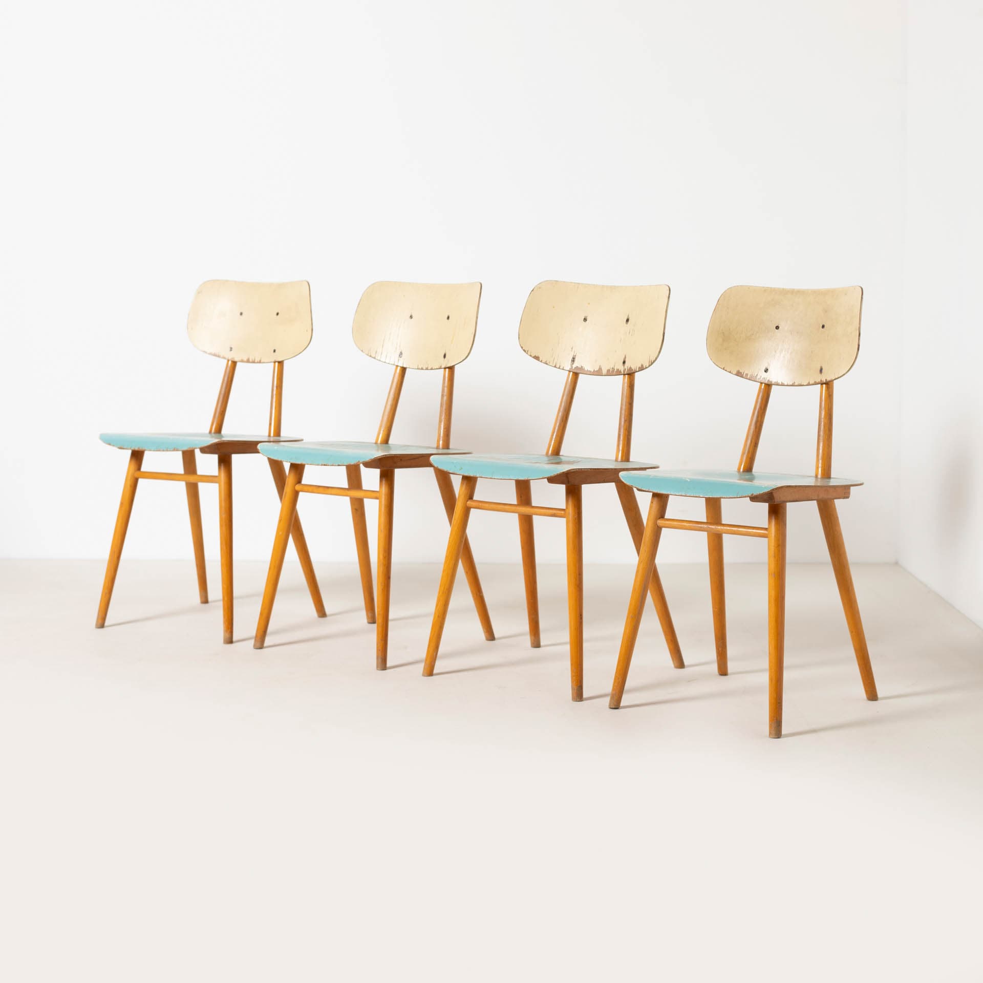 Set of four dining chairs, blue plywood, brown beech, TON, Czechoslovakia, 1960s. - 300311