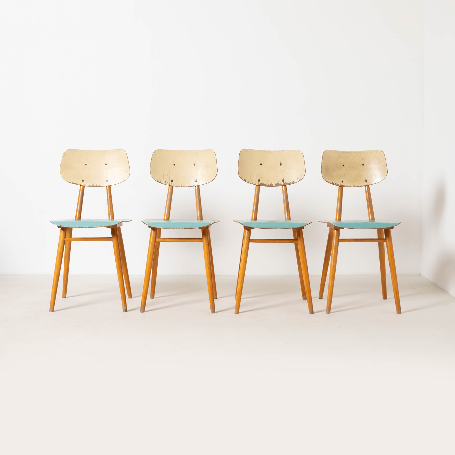 Set of four dining chairs, blue plywood, brown beech, TON, Czechoslovakia, 1960s. - 300312